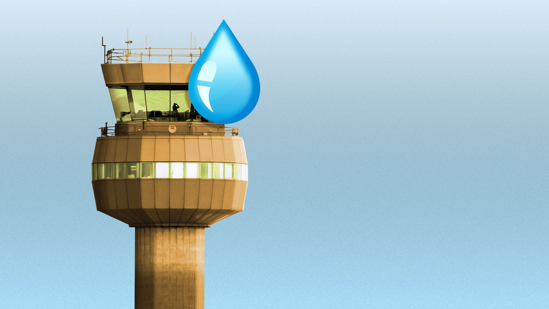 Illustration of an airport control tower with a giant sweat drop