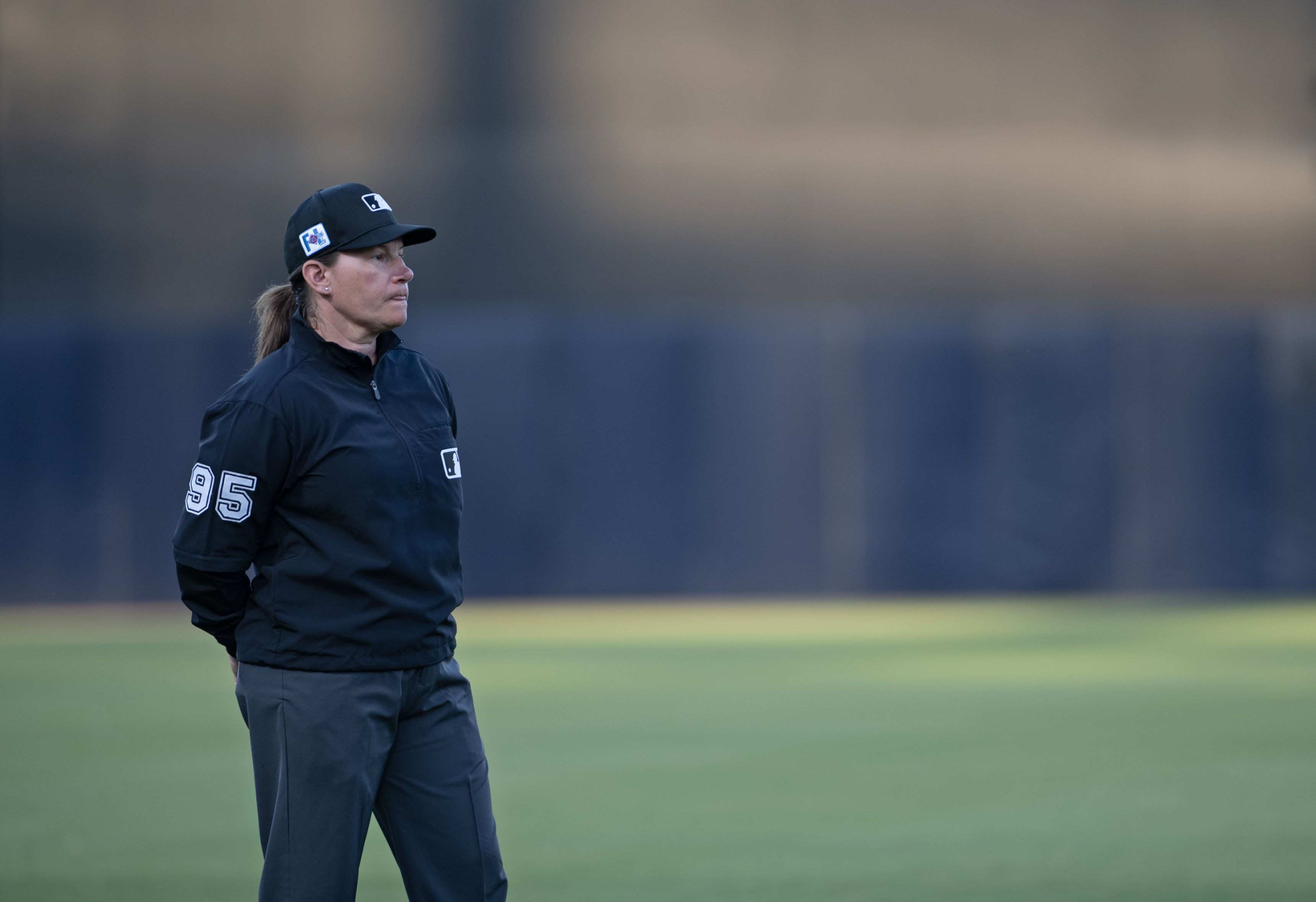 Jen Pawol works a spring training game between the Phillies and Yankees in Tampa, Florida, earlier this year.