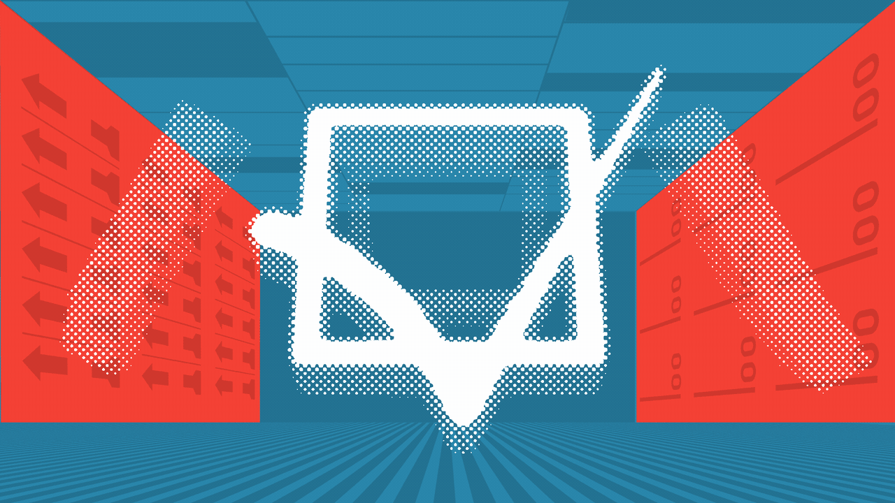 Animated illustration of the state of Indiana rotating to reveal a checkmark over a divided red and blue background with elements of ballots.