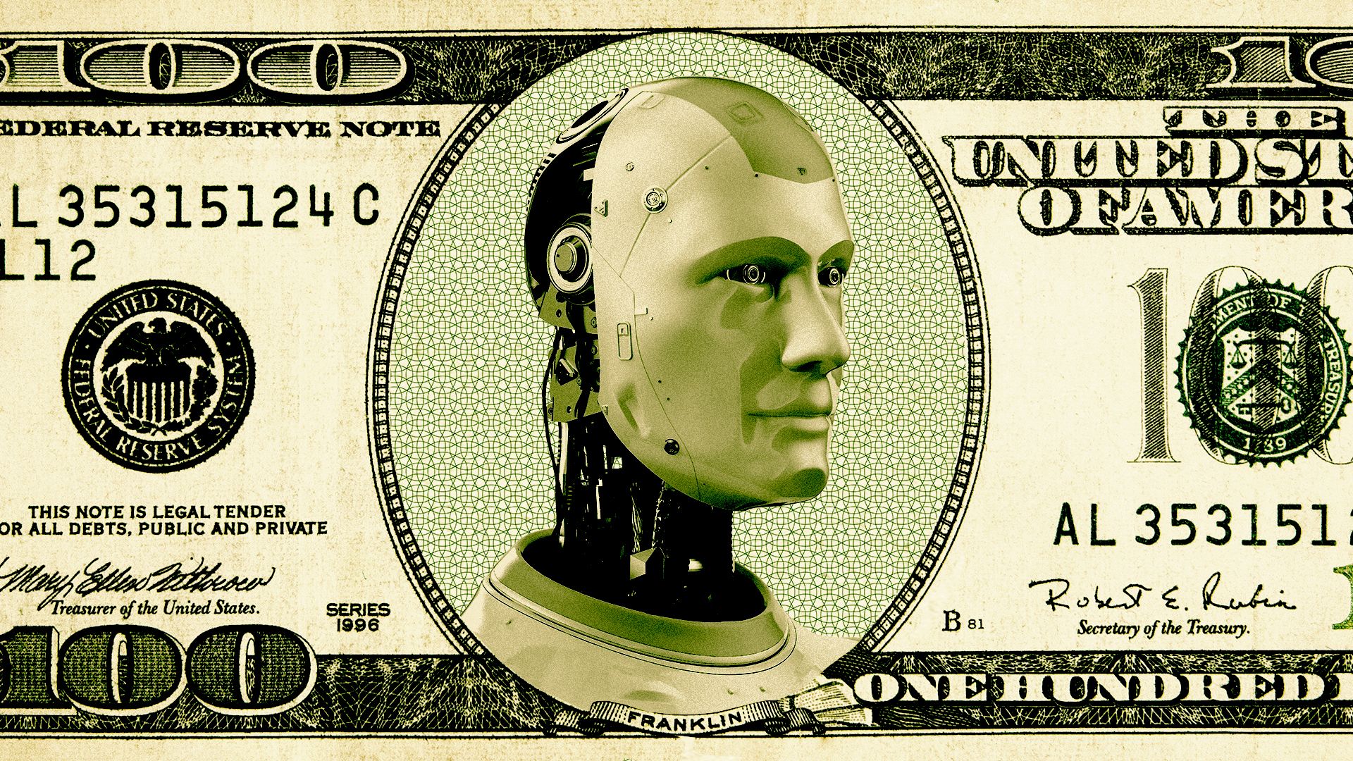 Illustration of a hundred dollar bill with Benjamin Franklin replaced by a robot.