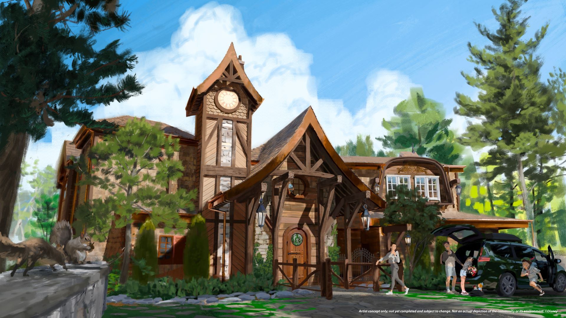 Whimsical timber house with a tall clock tower, curved roofs, stone accents, and a wooden gate. Surrounded by green trees under a bright blue sky; a family stands near a car with its trunk open.