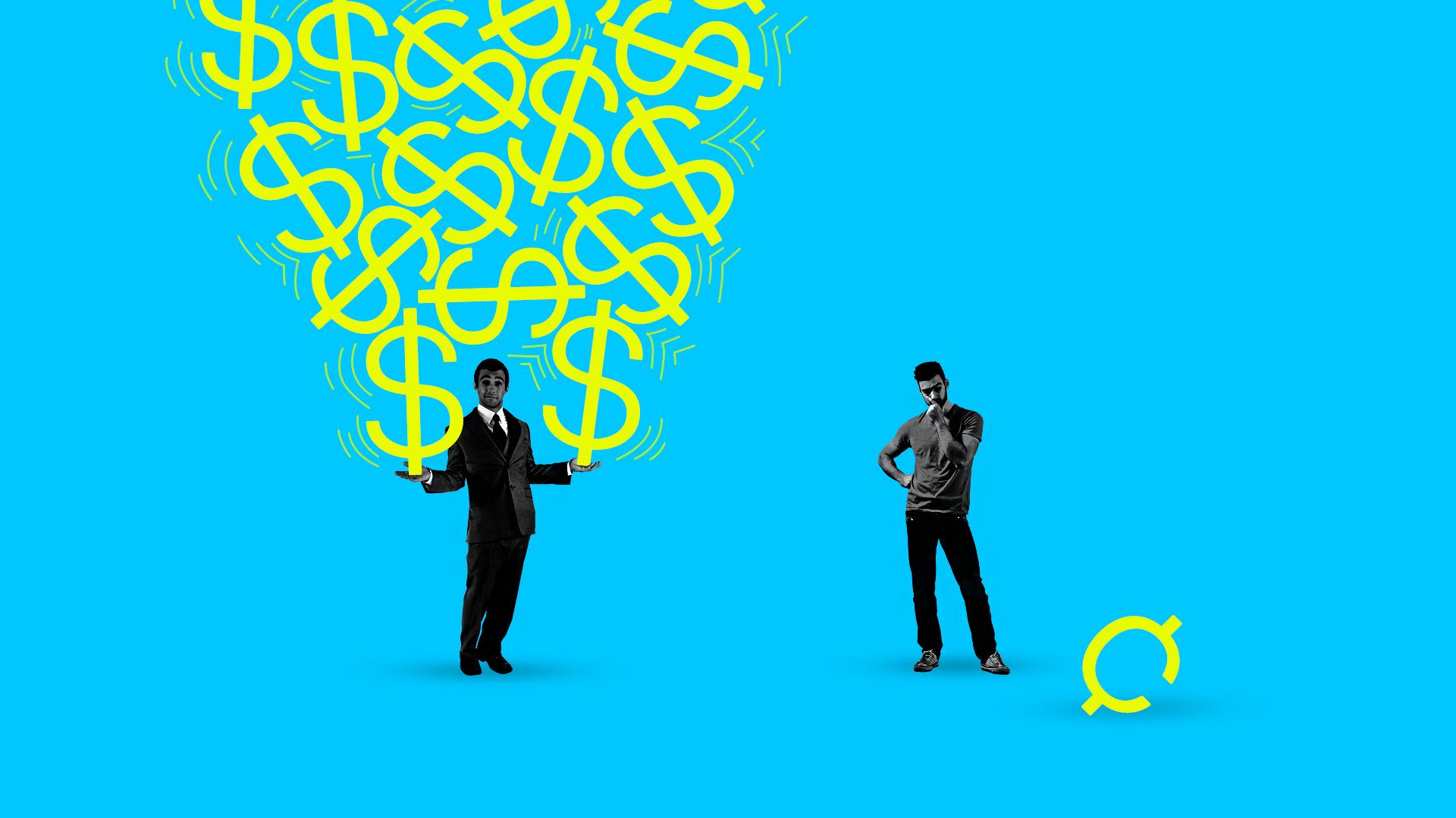 A man balancing an unruly pile of money and another man looking at a very small stack of money.