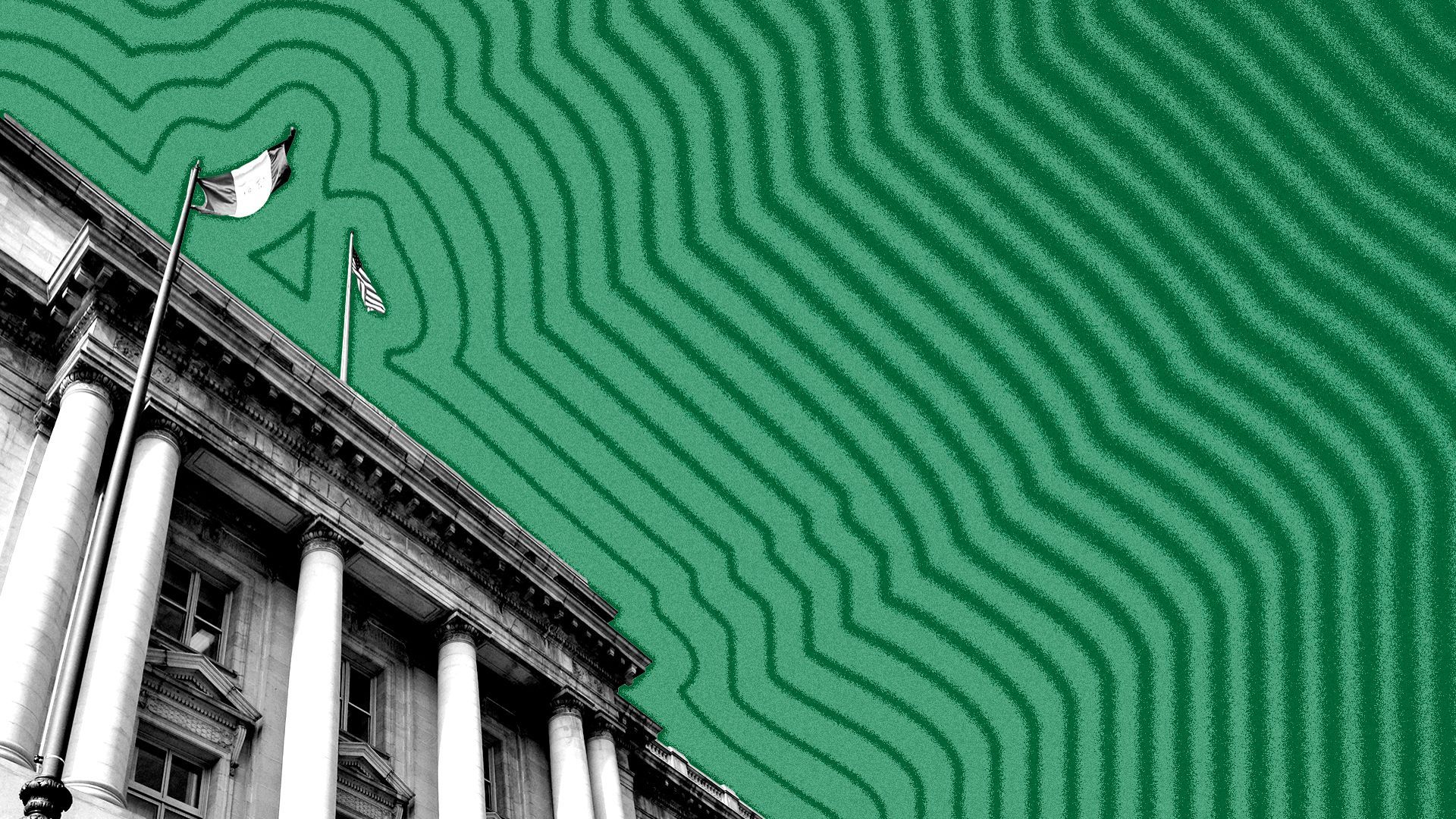 Illustration of Cleveland City Hall with lines radiating from it.