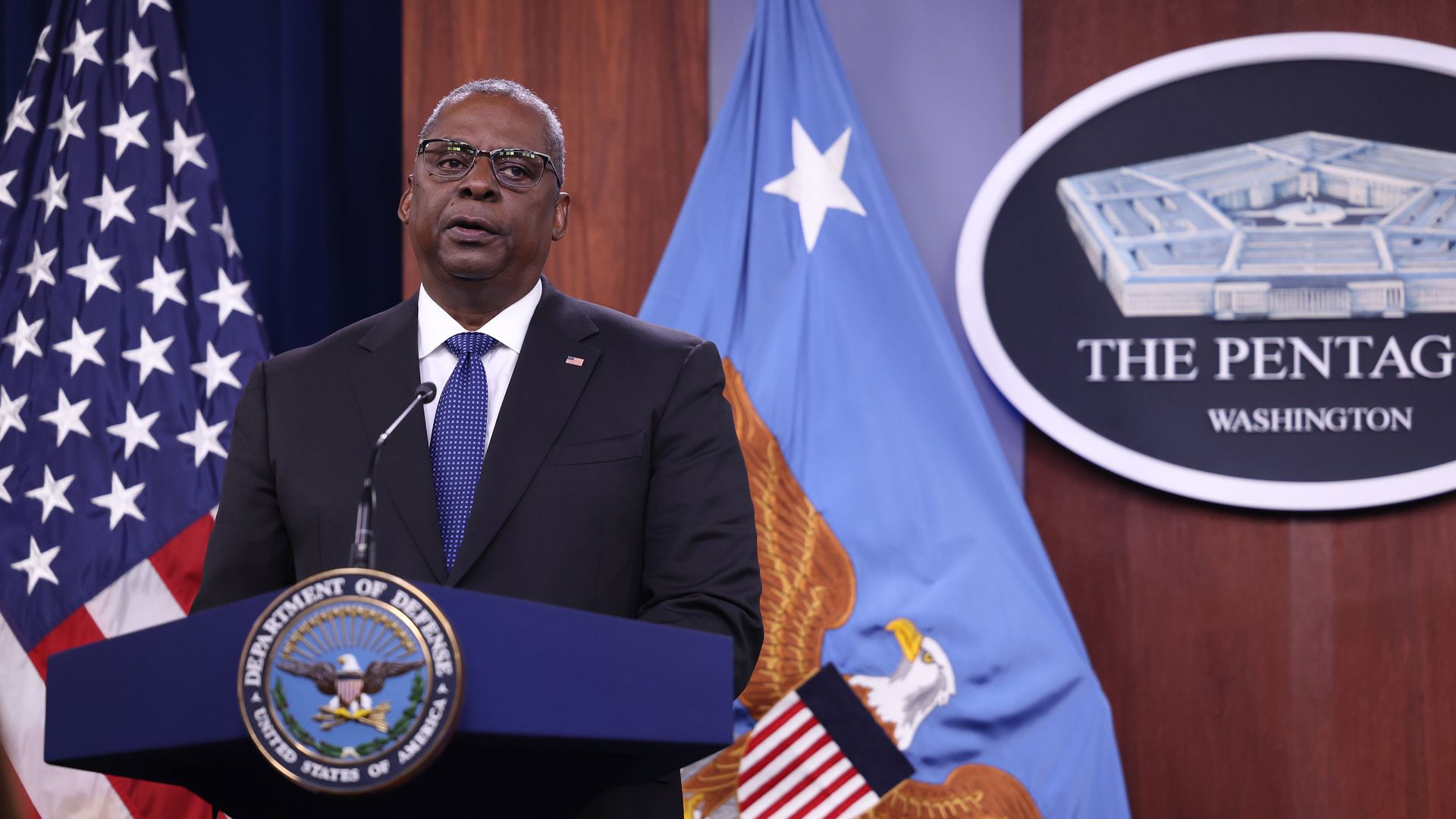 Secretary of Defense Lloyd Austin speaking at the Pentagon in July 2022.