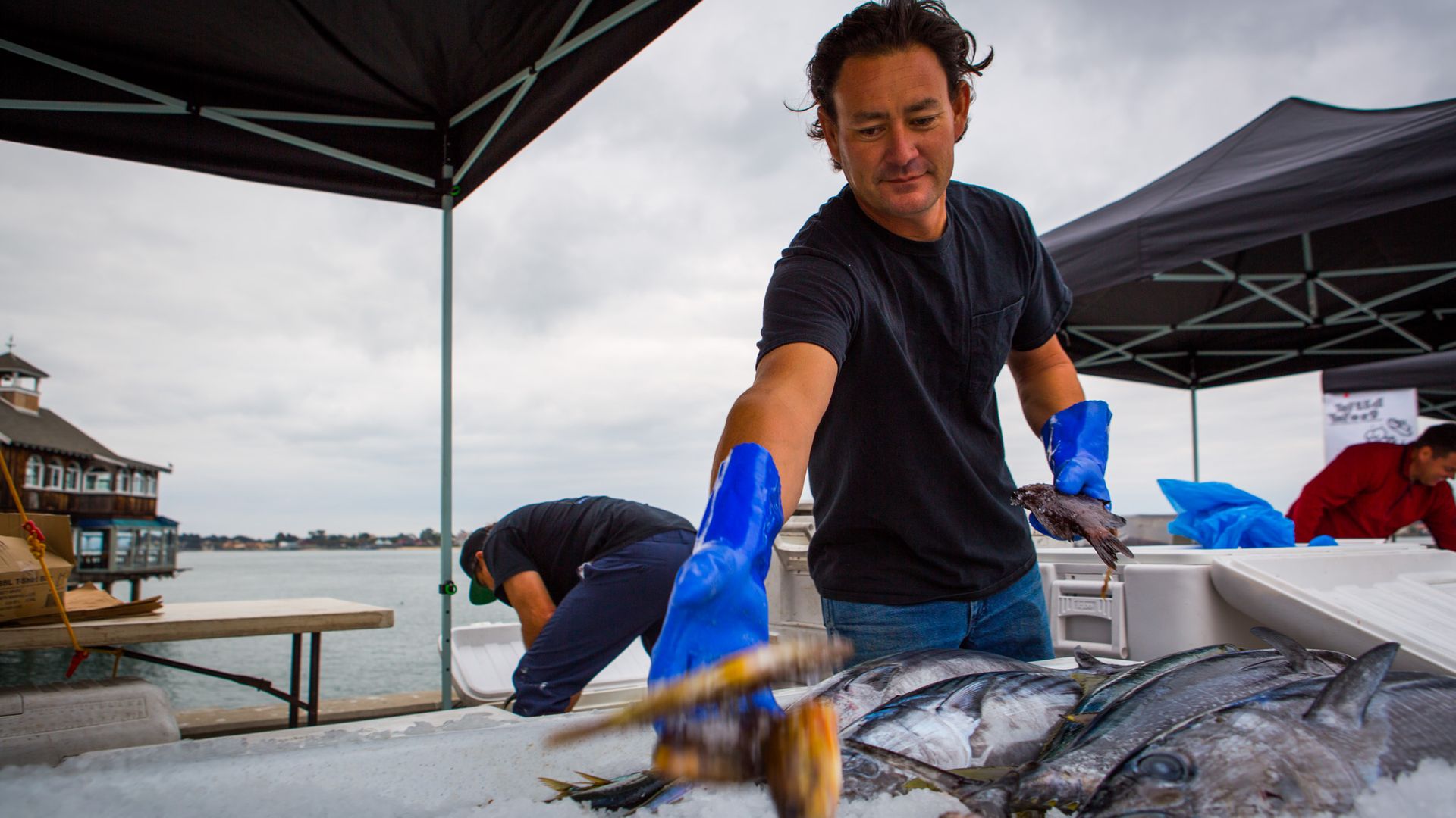 A local fisherman throws a fish on ice.