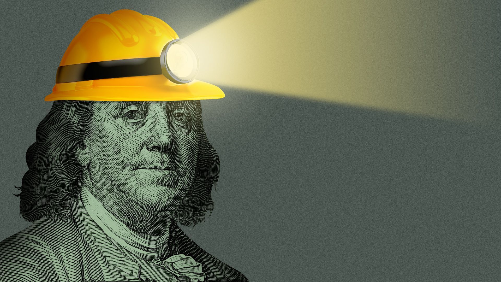 Illustration of Benjamin Franklin wearing a miner's helmet with the light on. 