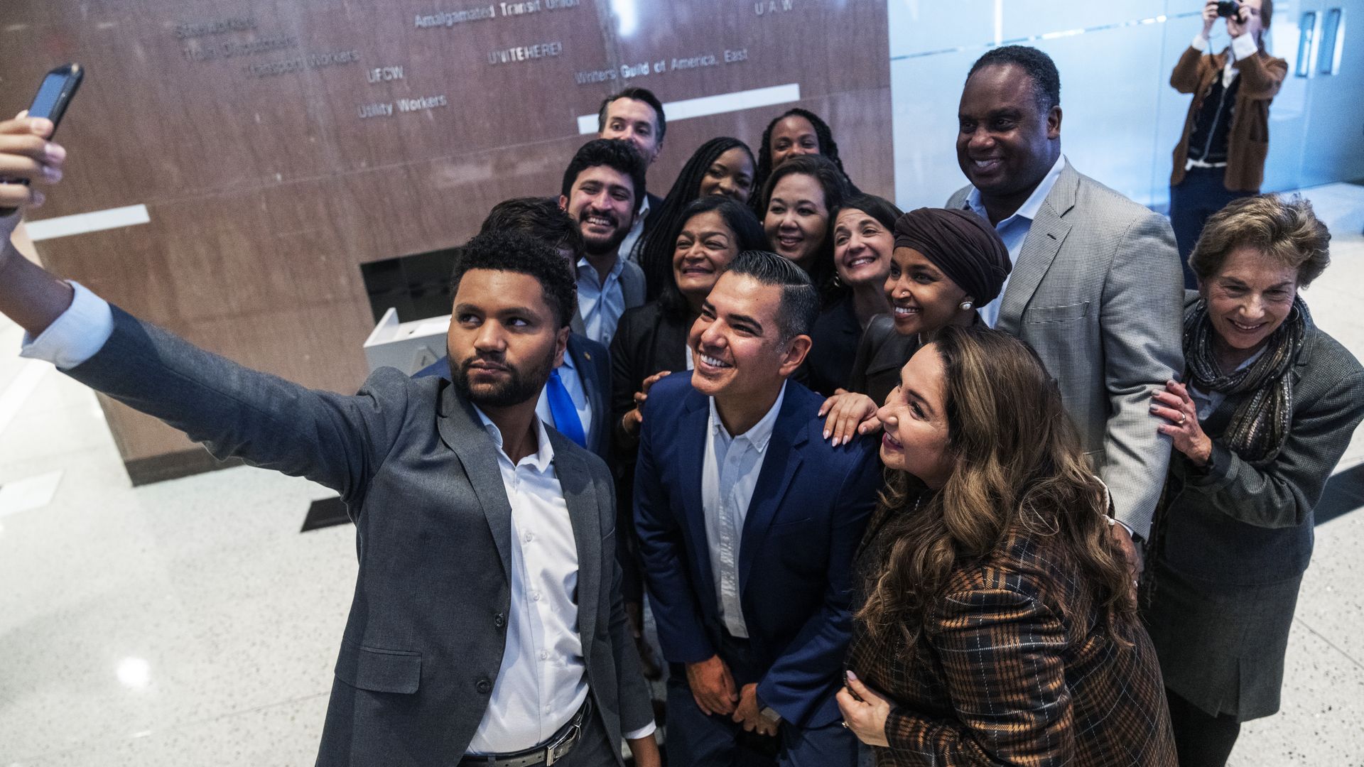 A group of incoming Progressive Caucus members takes a selfie at the AFL-CIO Headquarters in Washington, D.C.