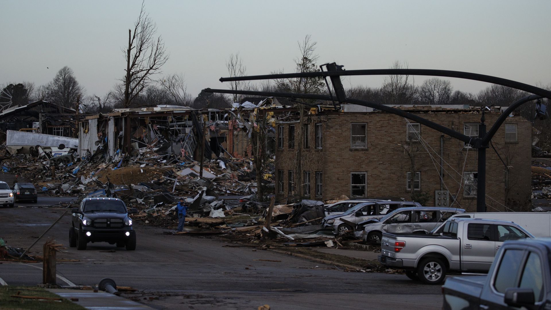 Heavy damage is seen downtown after a tornado swept through the area.