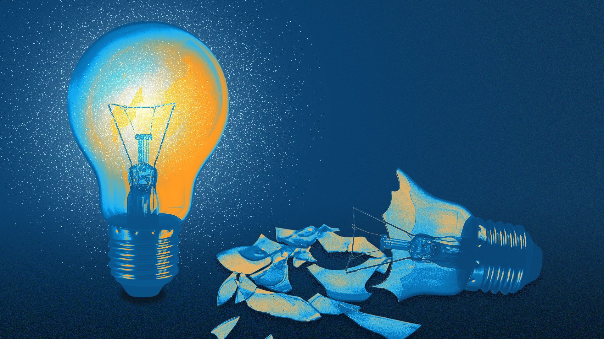 Illustration of a lit lightbulb standing next to a broken lightbulb, laying in pieces on the ground