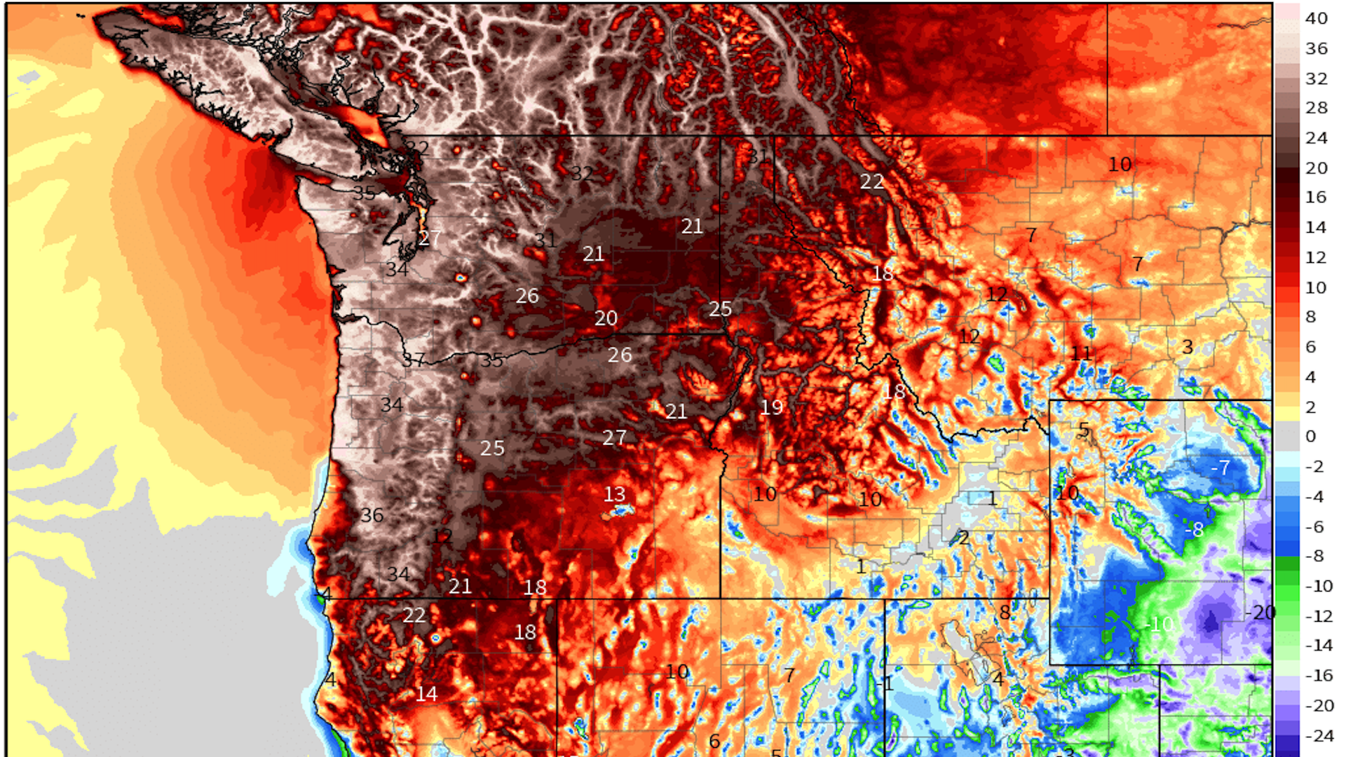 Map showing red colors indicating much hotter than normal conditions across the Pacific Northwest on June 27, 2021.