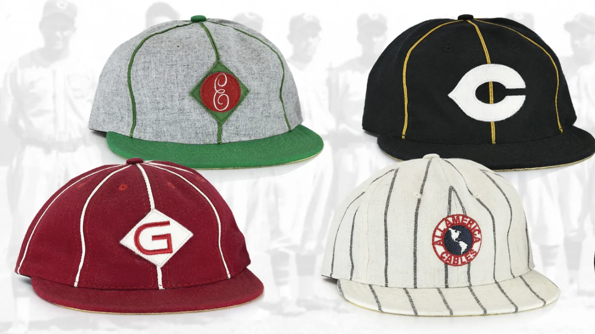 Four baseball caps with different logos.