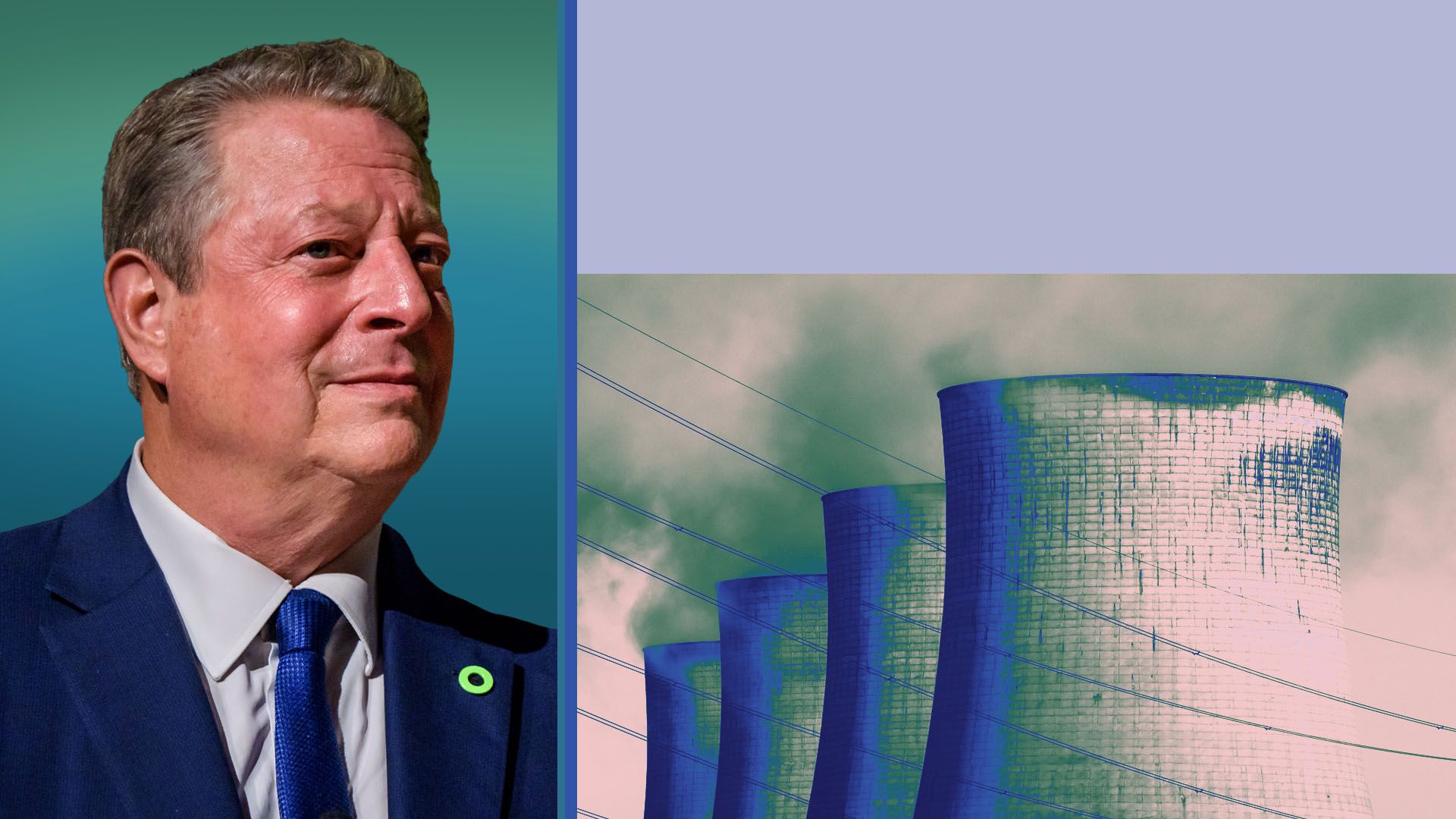 Photo illustration of Al Gore next to various blocks of color and a photo of nuclear cooling towers and electricity transmission cables