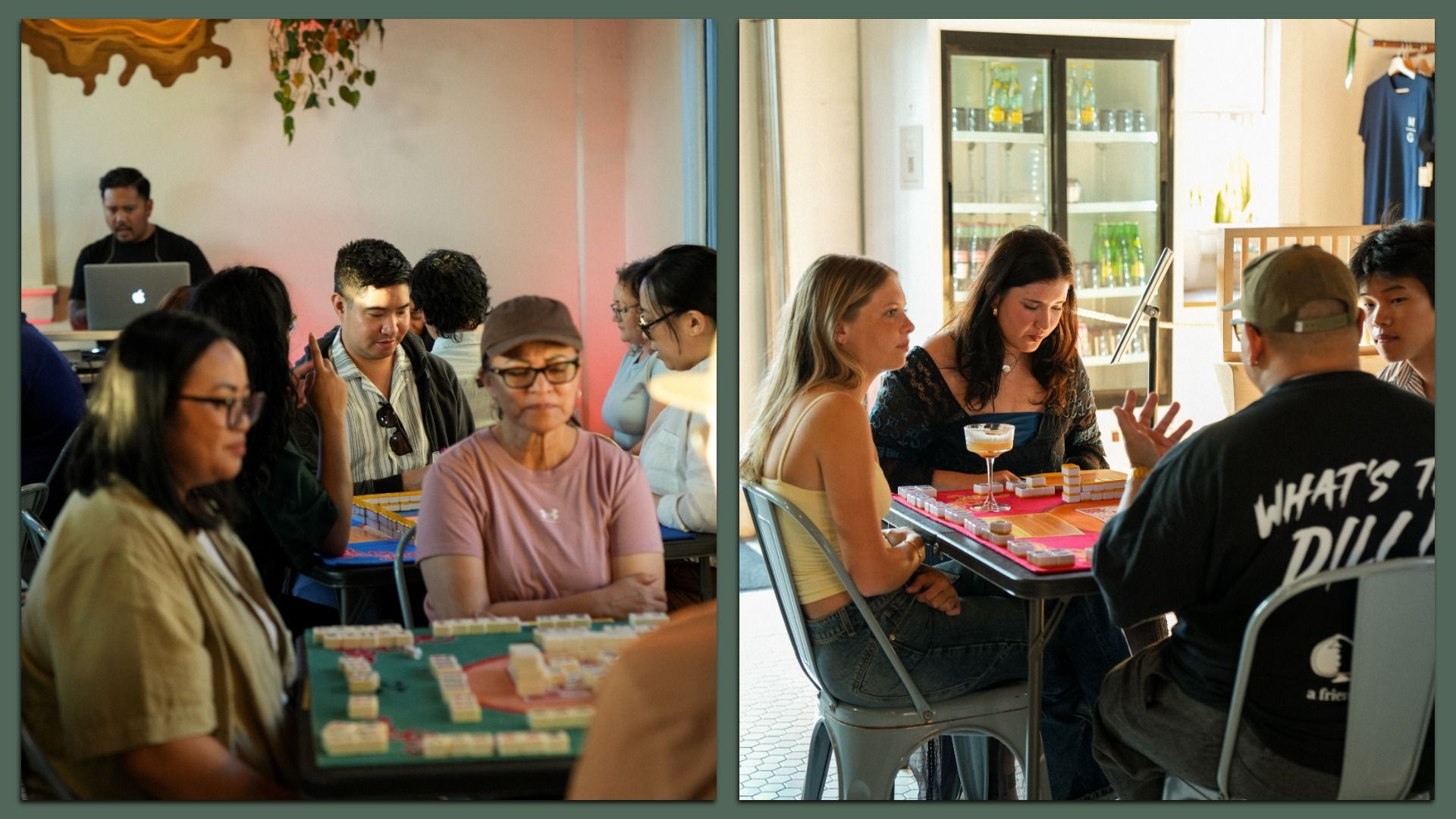 Two group scenes of people playing Mahjong indoors, focused and engaged, with tiles on green and red tables, casual outfits, natural light, and drinks nearby.