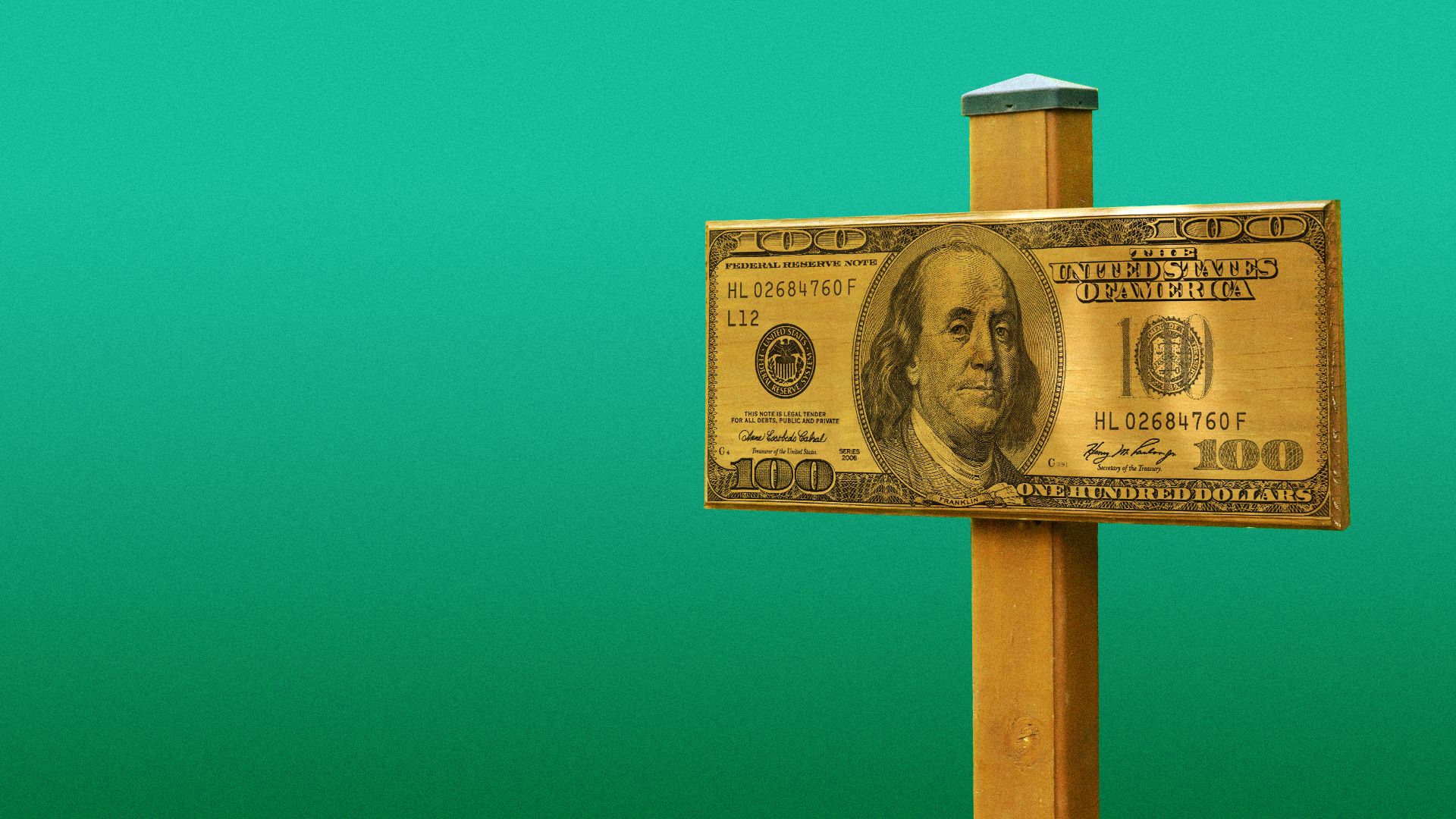 Illustration of a $100 bill on a trail sign.