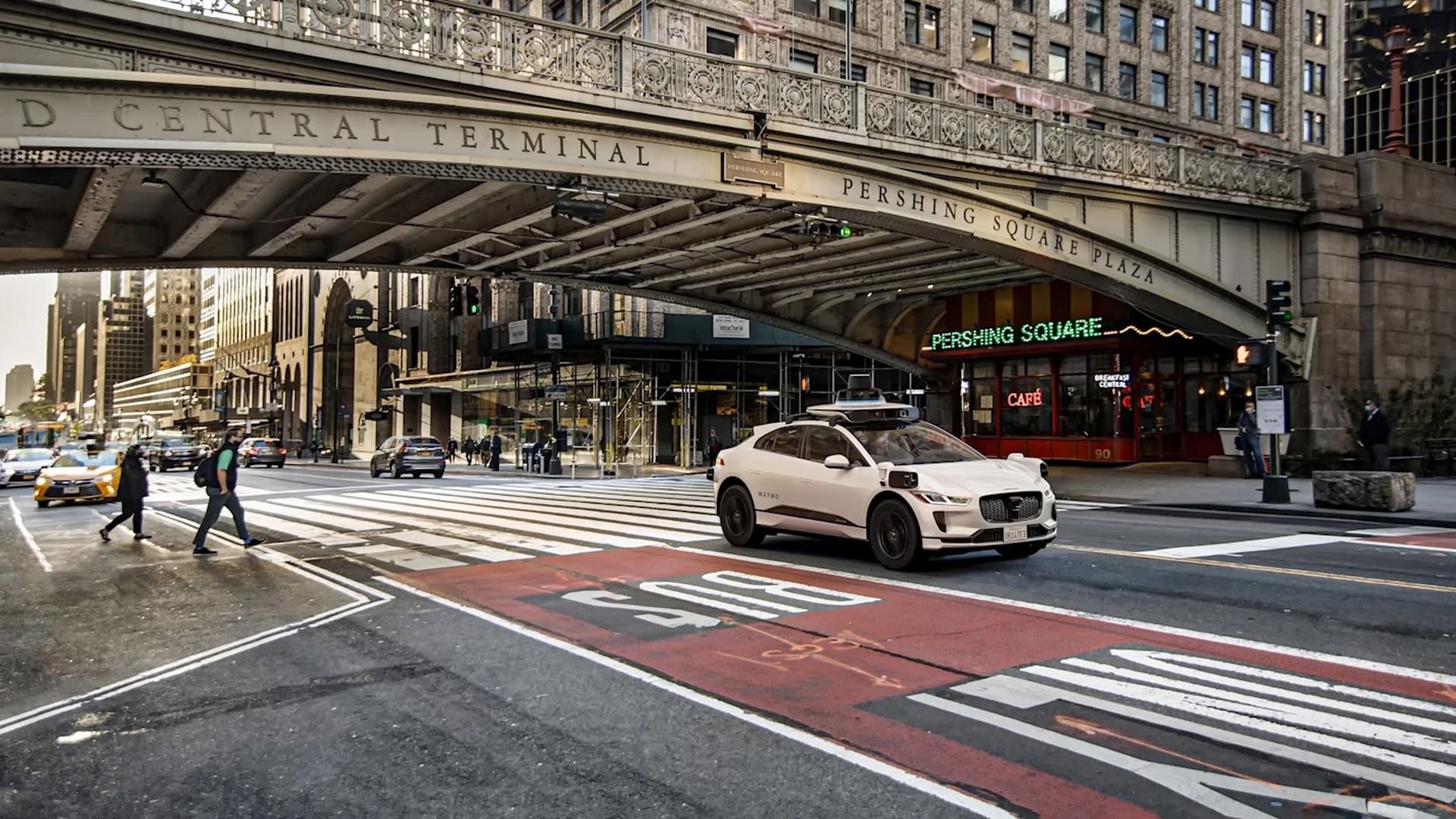 Image of a Waymo self-driving car near Grand Central Terminal in New York City