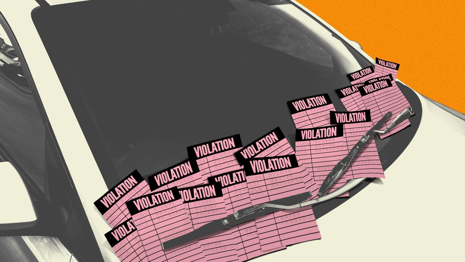 Illustration of a car windshield with a lot of parking tickets stuffed under the wipers.