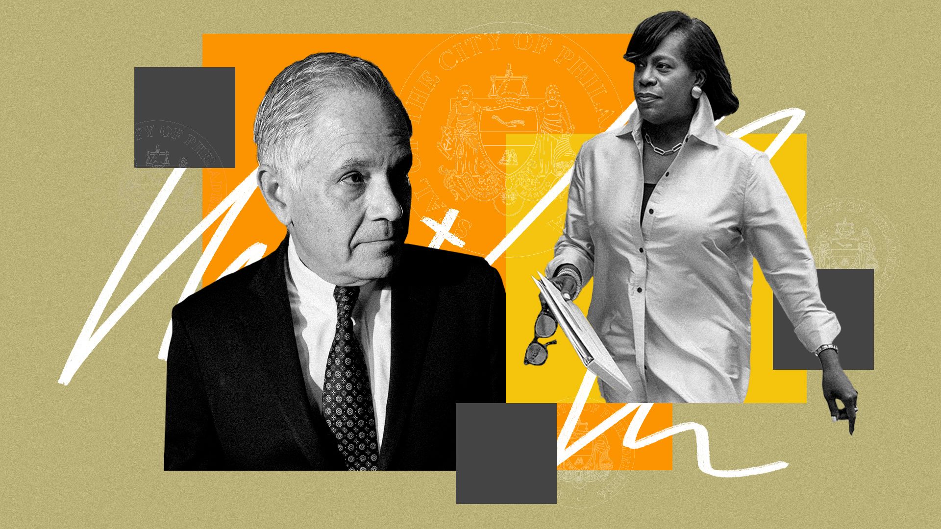 Photo illustration of DA Larry Krasner and Mayor Cherelle Parker on an abstract background with squares and imprints of the City of Philadelphia's Mayor's Office.  