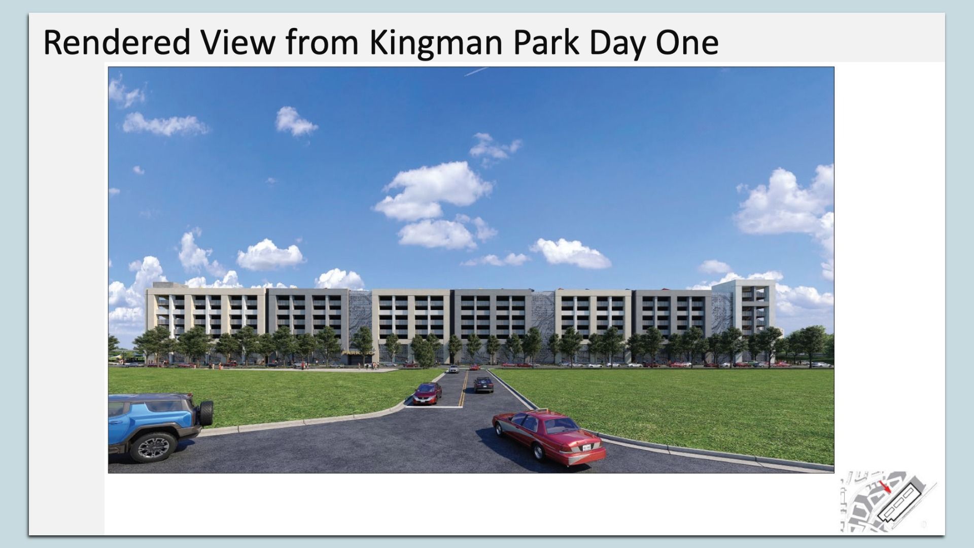Rendered daytime view of a long, modern, multi-story building with many windows, trees, and a green lawn. A curved driveway with cars leads to the entrance under a blue, cloudy sky.