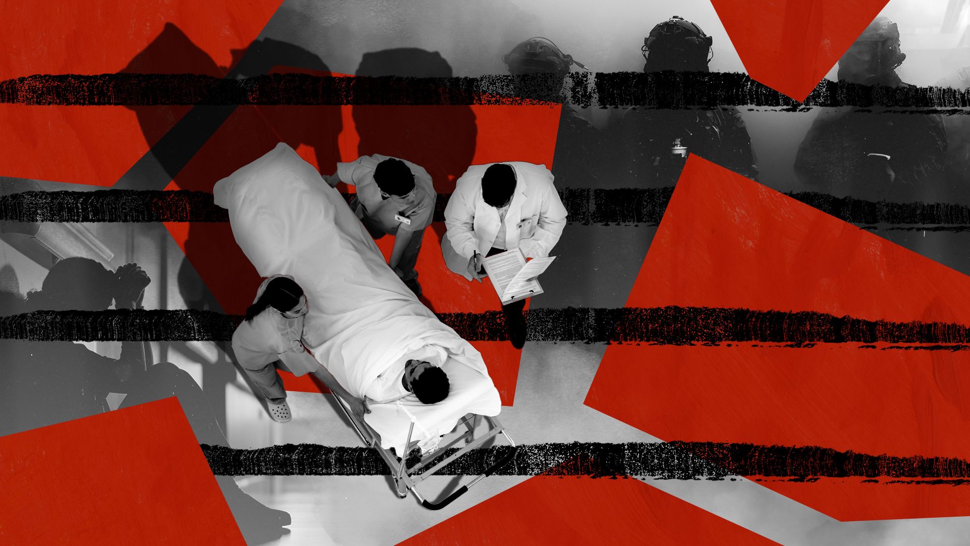 Illustrated collage of abstract shapes, federal agents, a stressed nurse, and doctors carting a patient in a gurney.