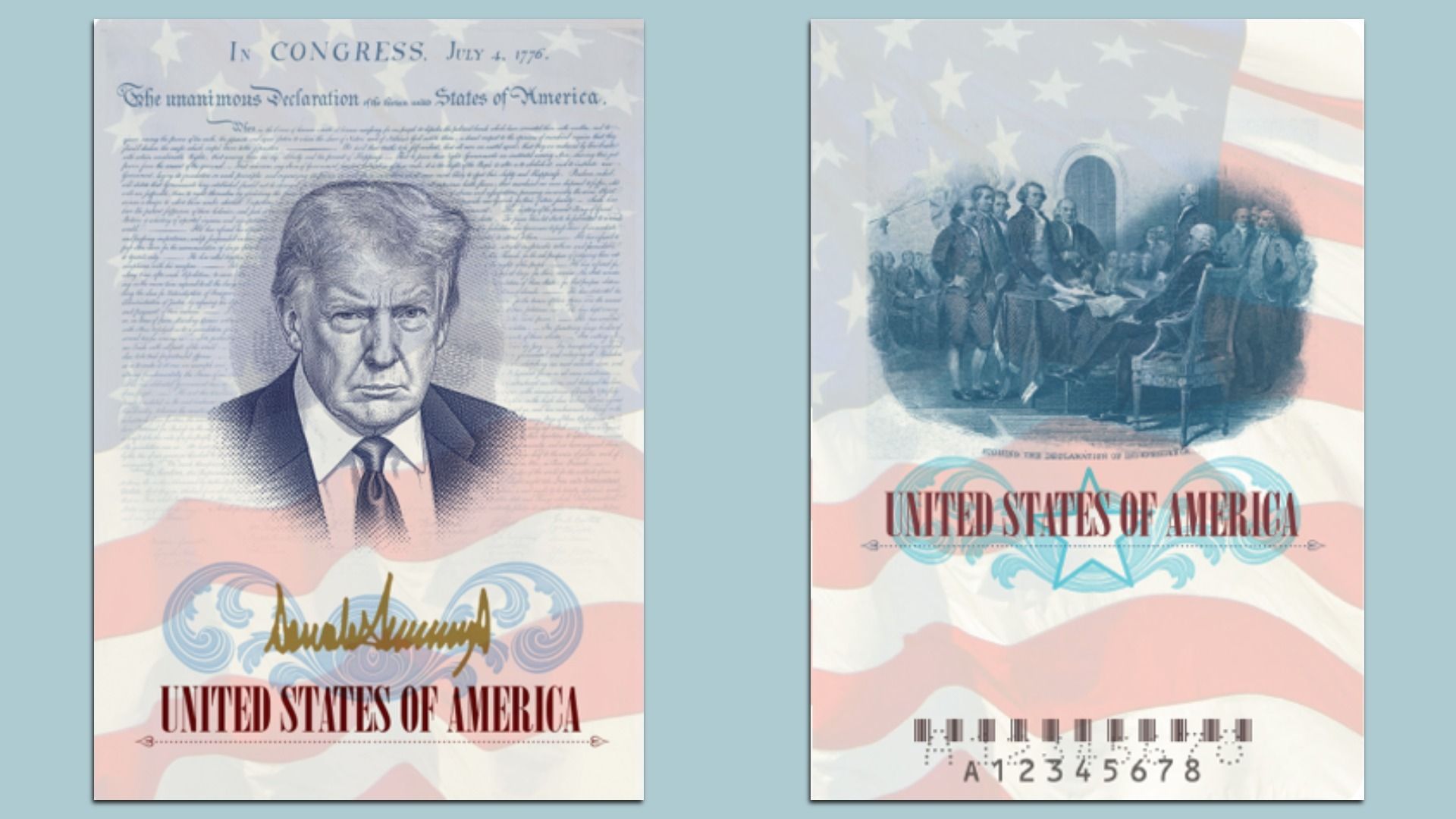 Two patriotic posters on a blue background: left shows a stern man with a text overlay and US flag; right depicts a founding-era signing scene with a waving flag and the title "United States of America".