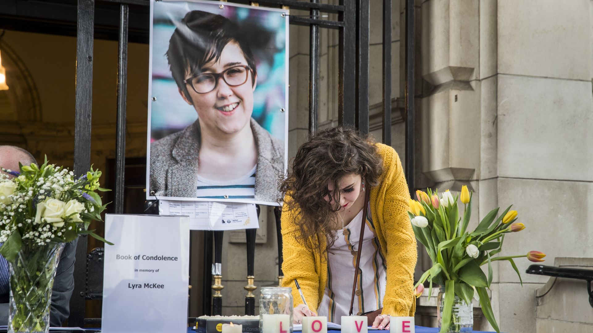 A book of condolence at Belfast City Hall in memory of murdered journalist Lyra McKee.