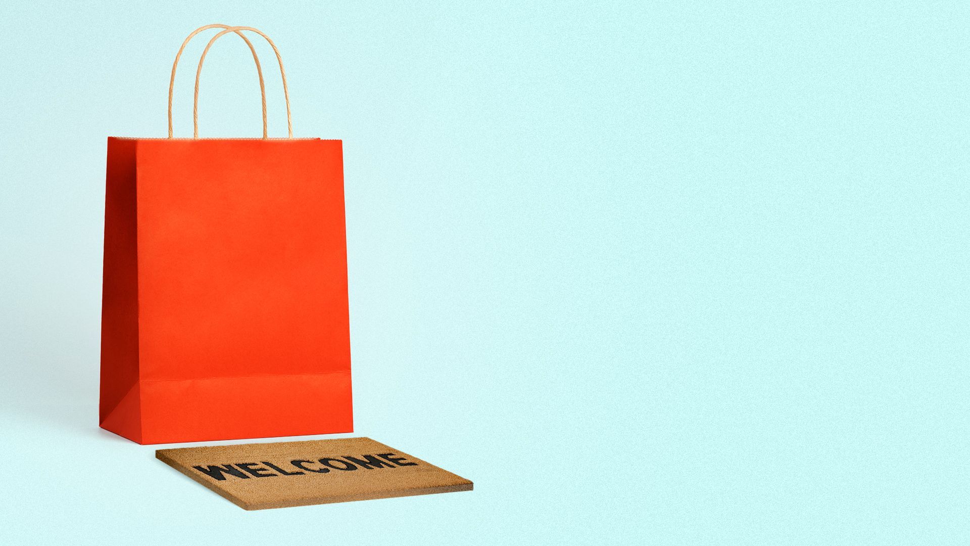 Illustration of a shopping bag with a welcome mat in front of it. 