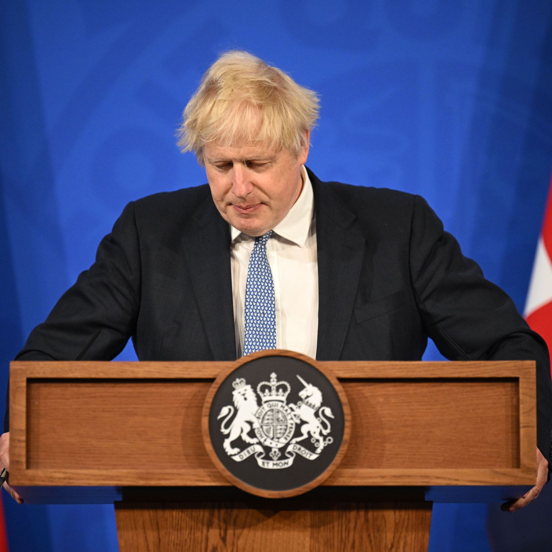 Prime Minister Boris Johnson holds a press conference in response to the publication of the Sue Gray report Into "Partygate" at Downing Street.