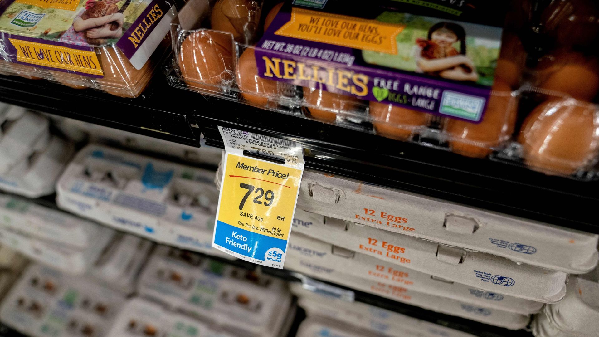 Eggs in grocery aisle with a 7.29 price tag