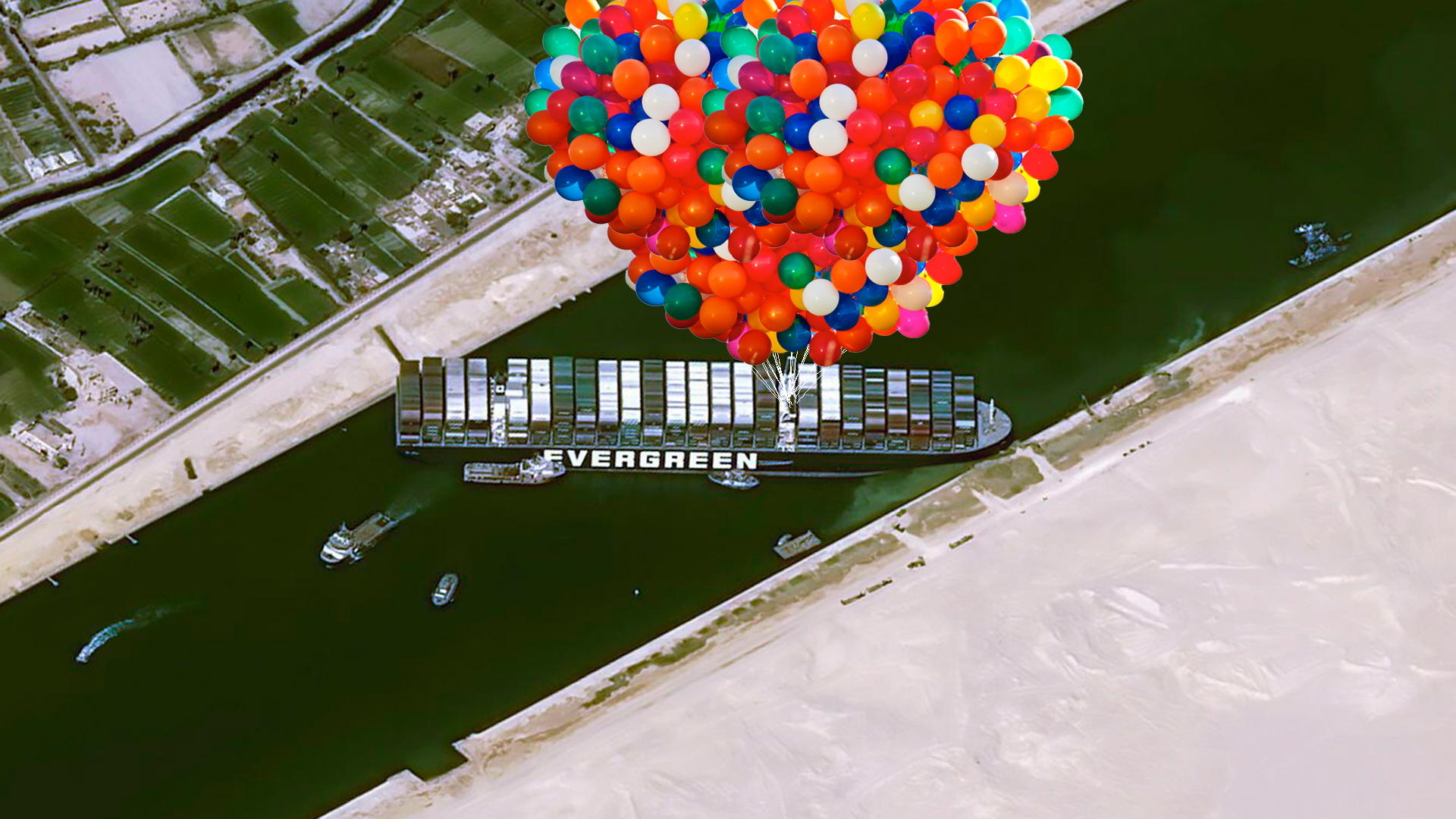 Ever Given container ship with balloons attached