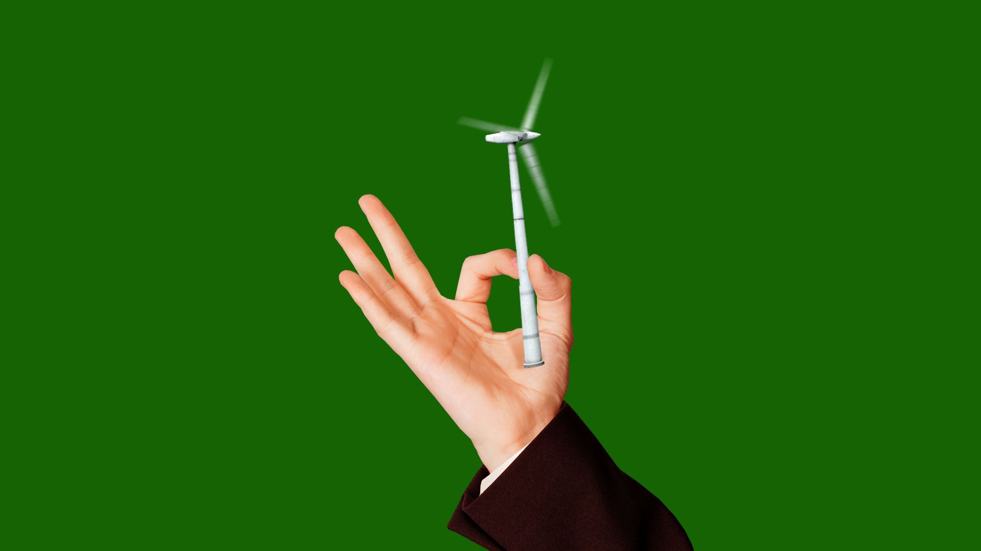 Illustration of hand in suit holding tiny wind turbine
