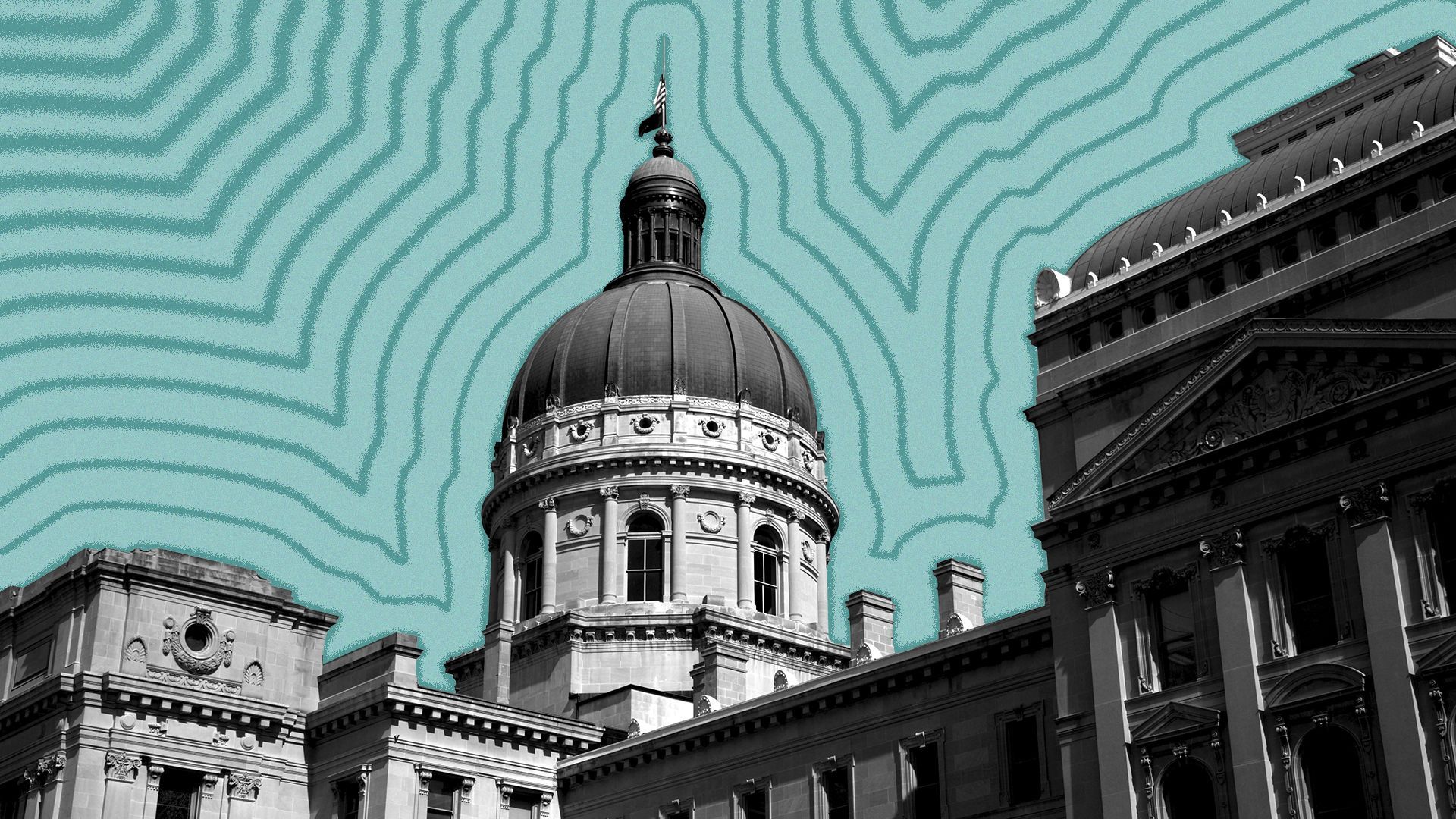 Illustration of the Indiana state capitol with lines radiating from it.