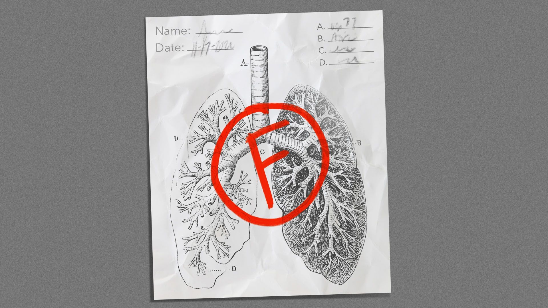 Illustration of a test featuring a pair of lungs with an F on it