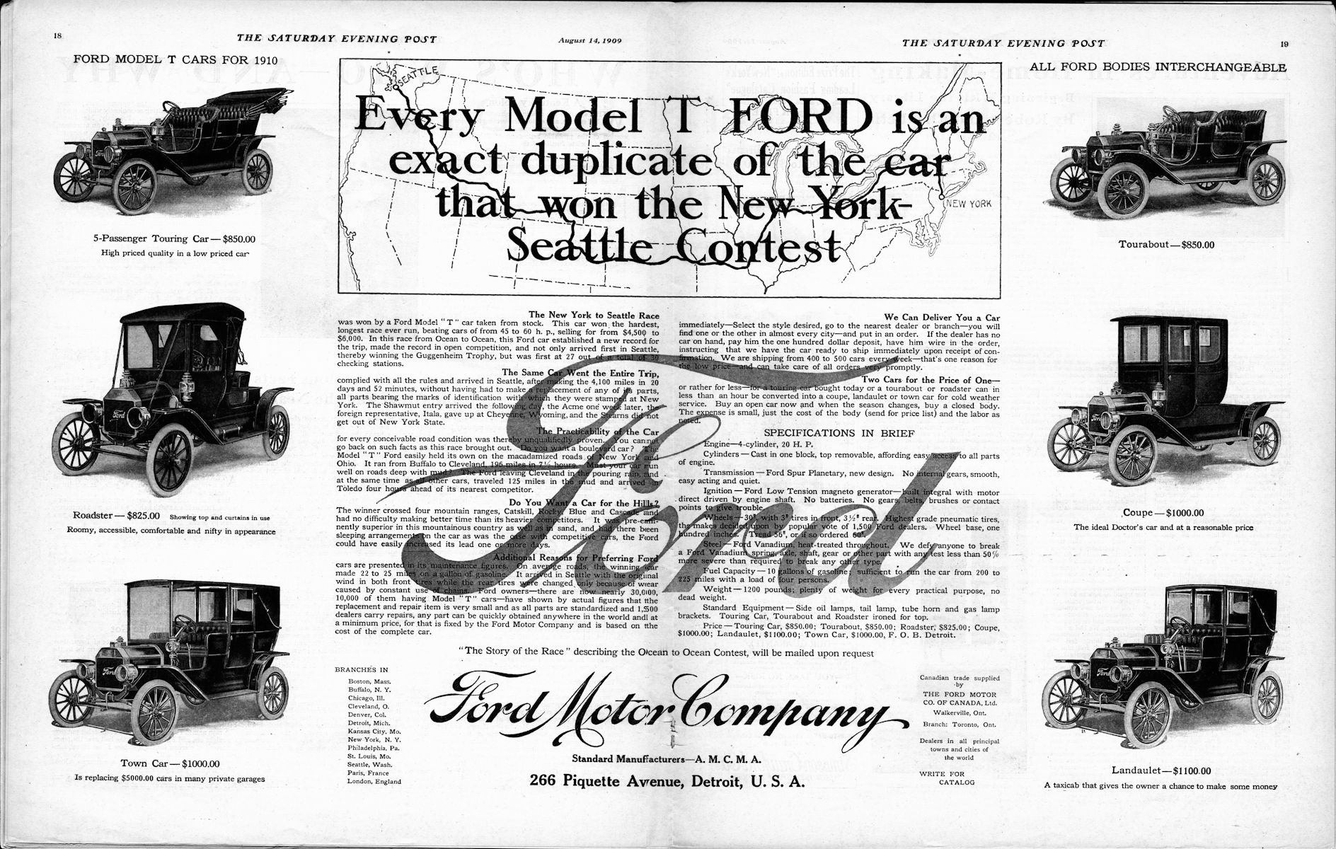 Black-and-white Ford ad with vintage Model T illustrations around a banner proclaiming that every Model T Ford is an exact duplicate of the car that won the New-York-Seattle Contest.