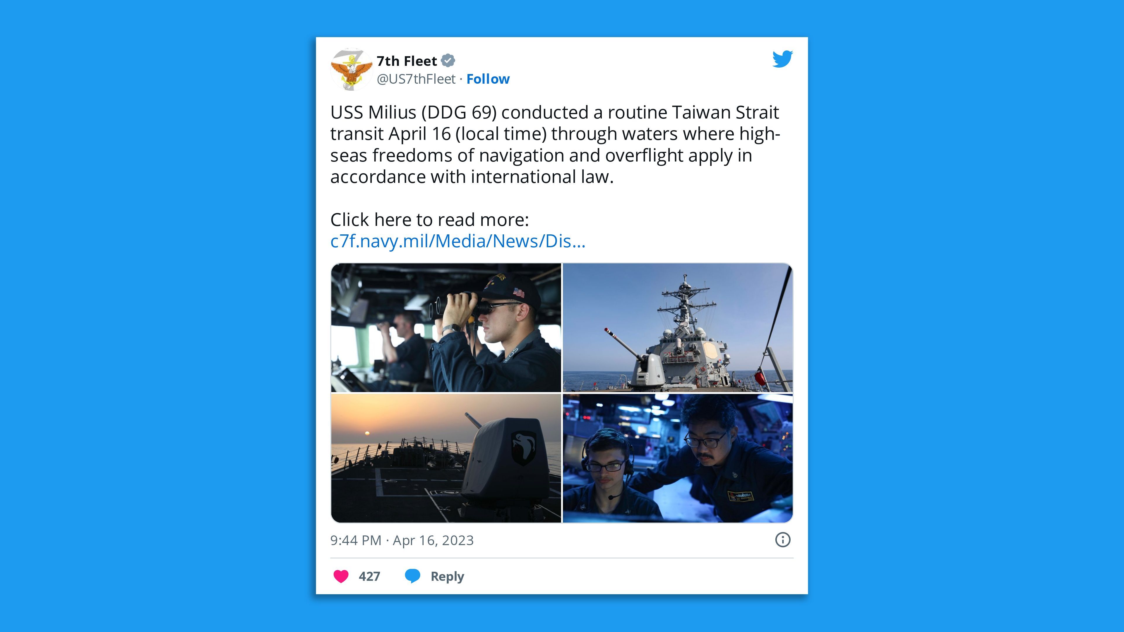 A screenshot of a US Navy photo tweet stating: "USS Milius (DDG 69) conducted a routine Taiwan Strait transit April 16 (local time) through waters where high-seas freedoms of navigation and overflight apply in accordance with international law."