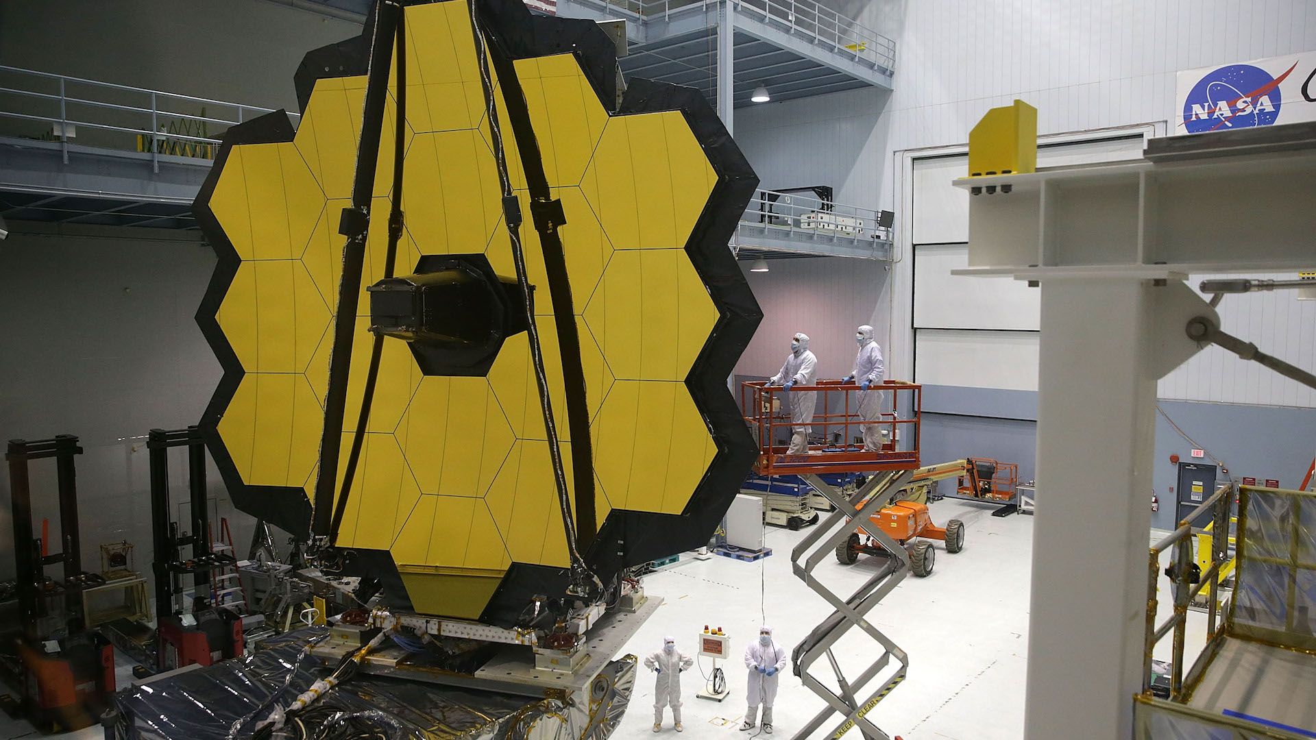 Engineers work on the James Webb Space Telescope at Goddard Space Flight Center in 2016. 