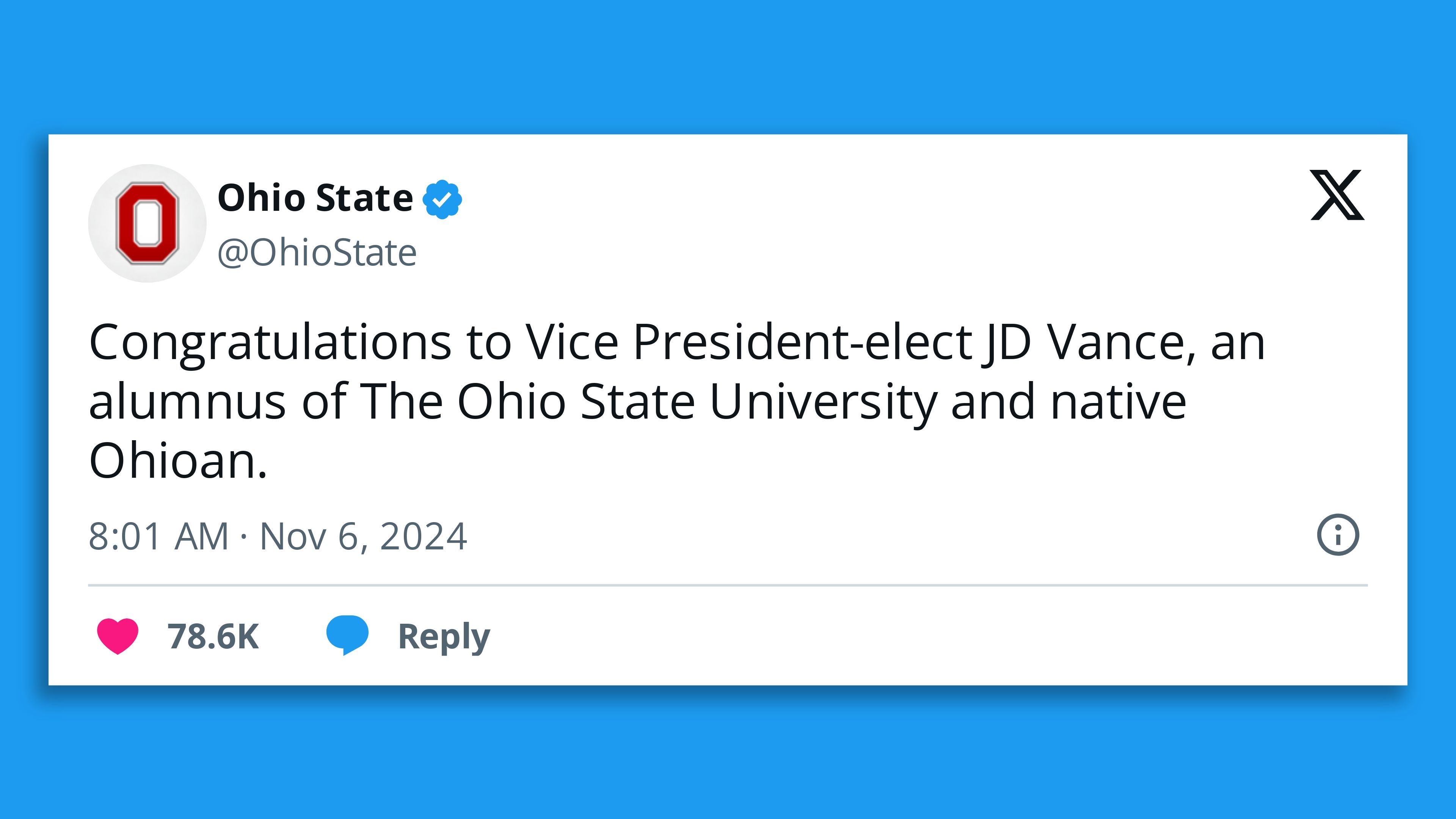 Tweet from @OhioState that reads: Congratulations to Vice President-elect JD Vance, an alumnus of The Ohio State University and native Ohioan.