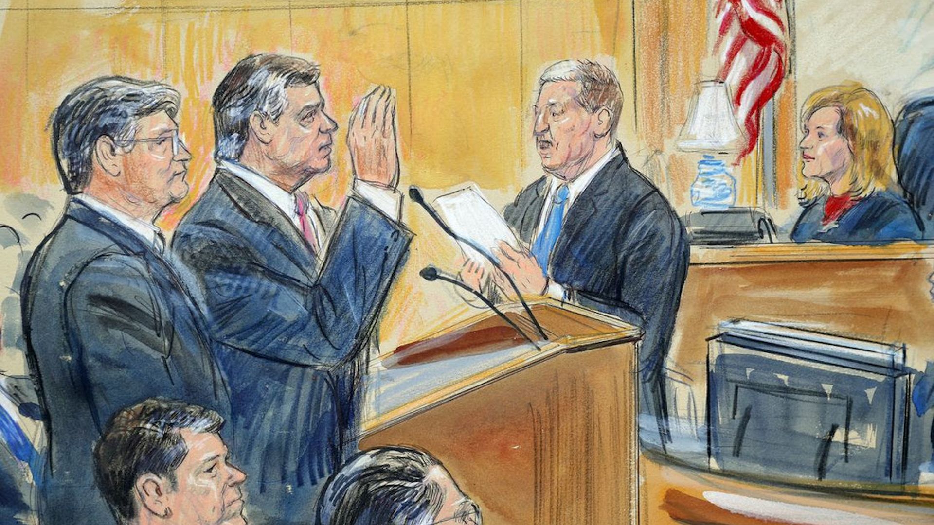 A court drawing of Paul Manafort raising his right hand.