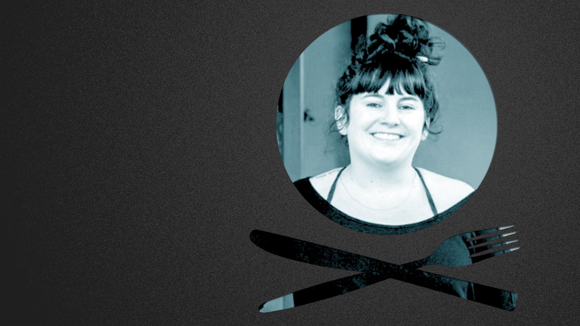 Photo illustration of a place setting shaped like a skull and crossbones containing a photo of Siobhan Speirits.