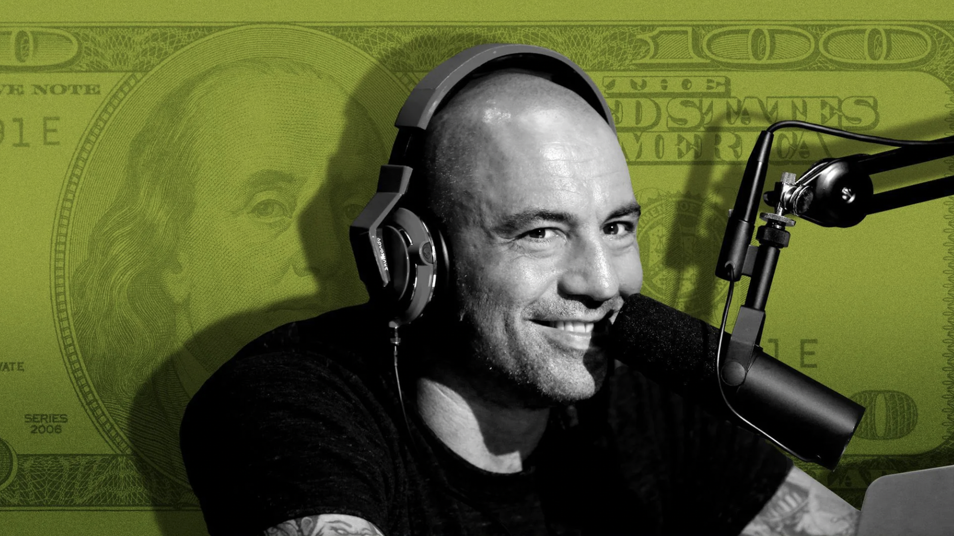 photo illustration of Joe Rogan in front of a $100 bill
