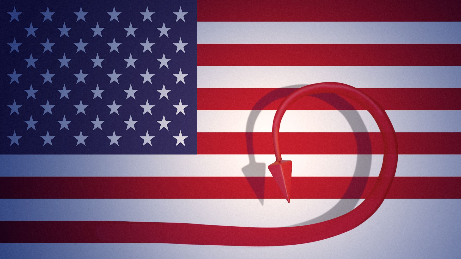 Illustration of an American flag with the lowest stripe morphing into a devil tail.