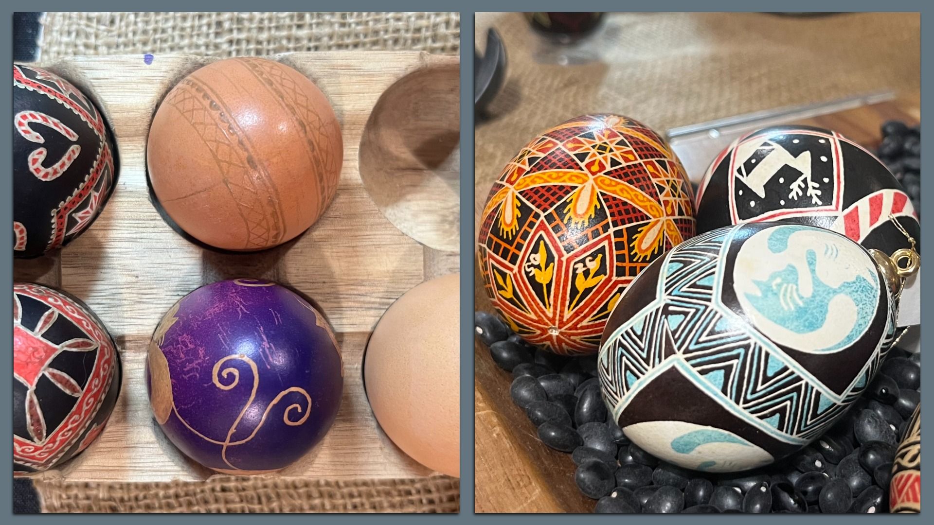 Two-panel collage of Easter eggs. Left: tan eggs with subtle etched patterns in a wooden crate, plus a purple one. Right: bright, intricate geometric and folk-art designs on glossy eggs.
