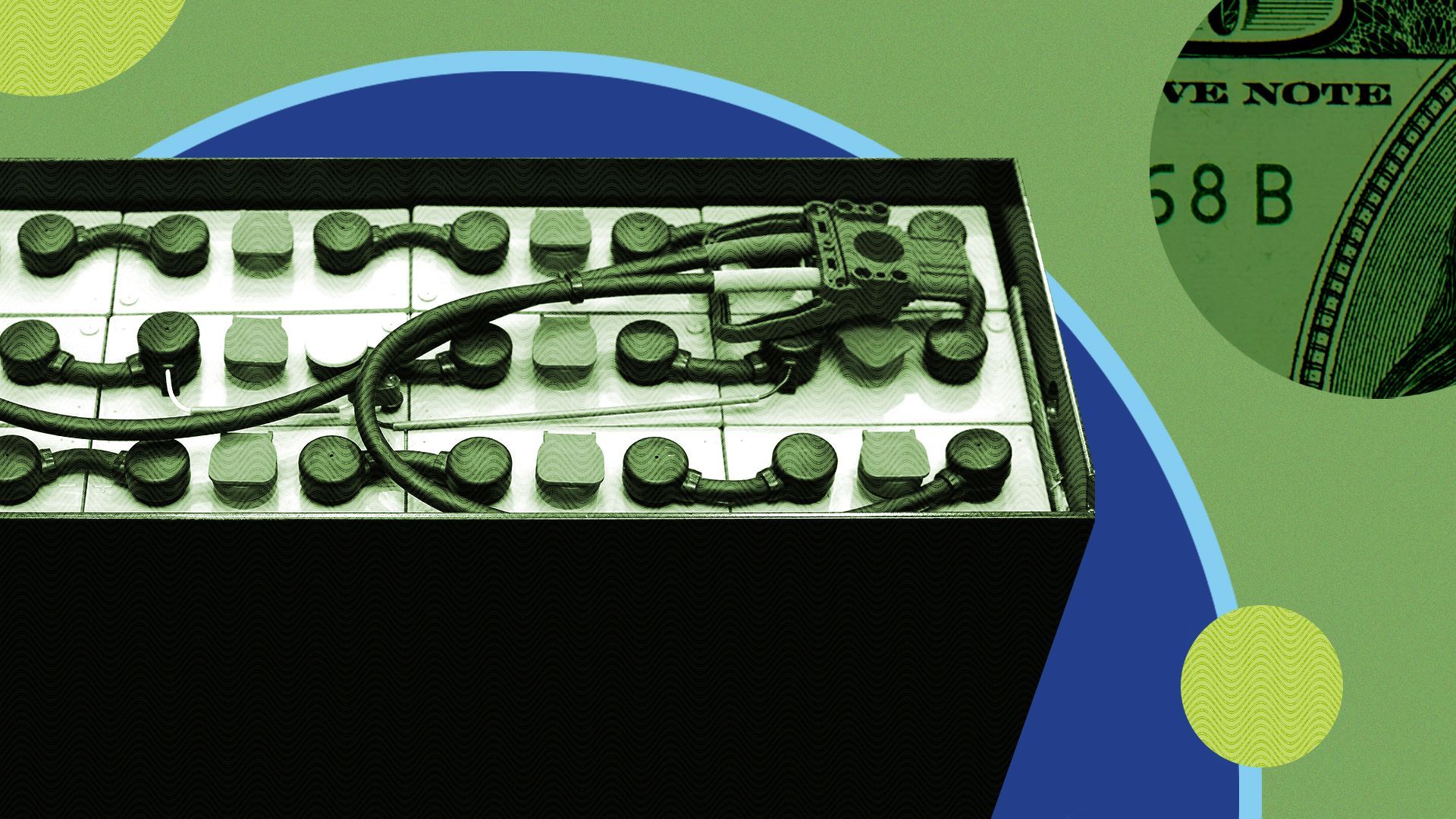 an illustration of an industrial battery surrounded by shapes and cutouts of money