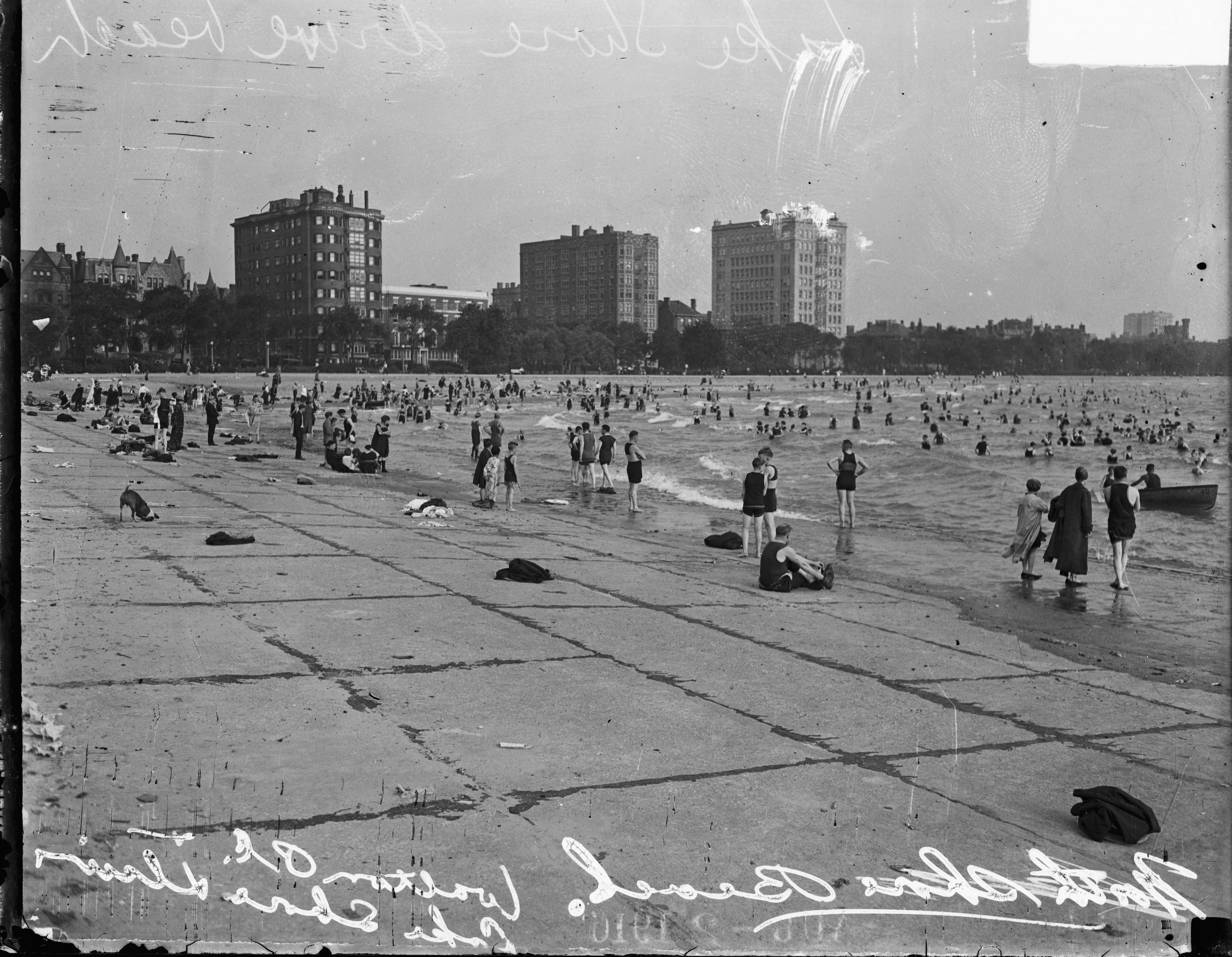 Black-and-white photo of a crowded city beach with swimmers near the water; in the background are tall brick buildings and a tree-lined shoreline.