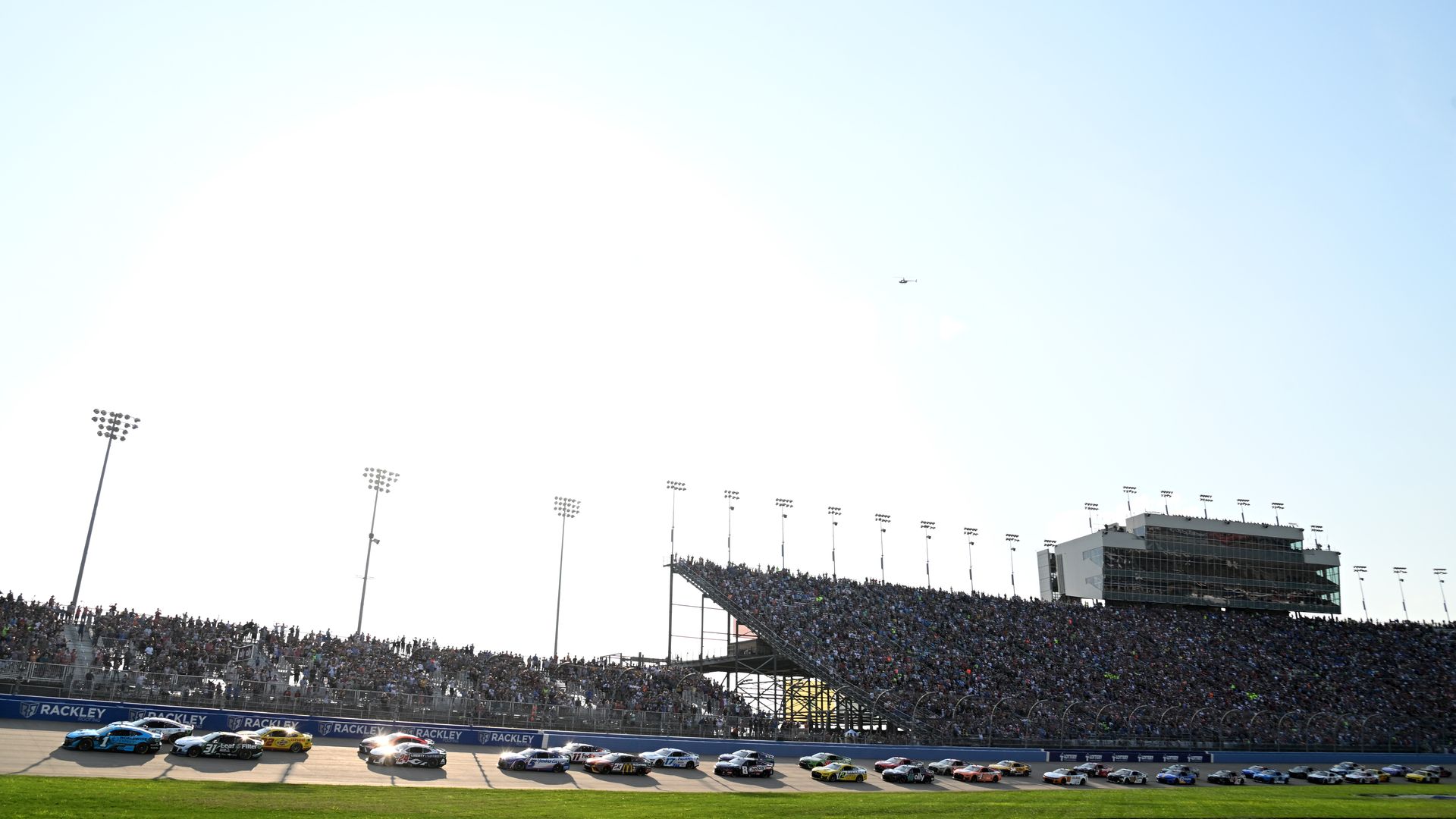 LEBANON, TENNESSEE - JUNE 25: Ross Chastain, driver of the #1 Worldwide Express Chevrolet, leads the field to start the NASCAR Cup Series Ally 400 at Nashville Superspeedway on June 25, 2023 in Lebanon, Tennessee.