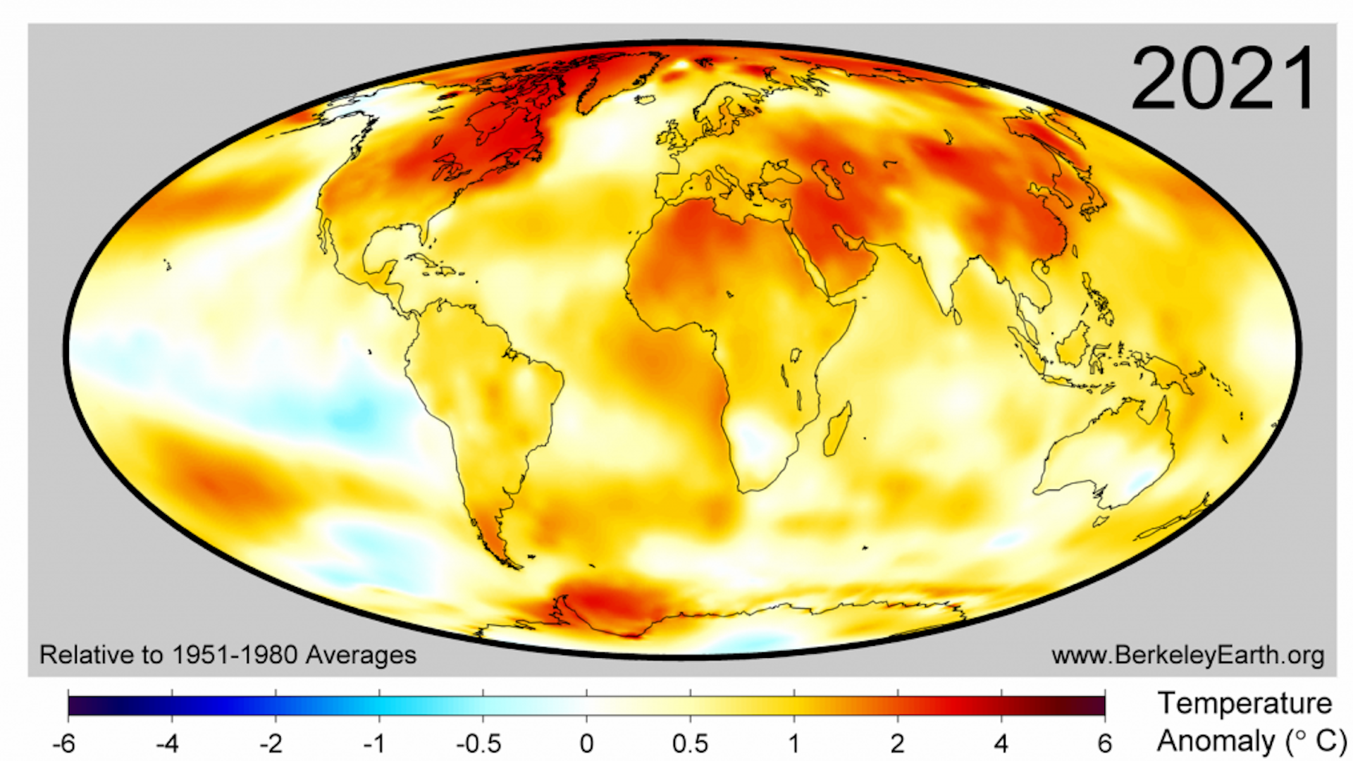 Climate map showing temperature departures from average during 2021.