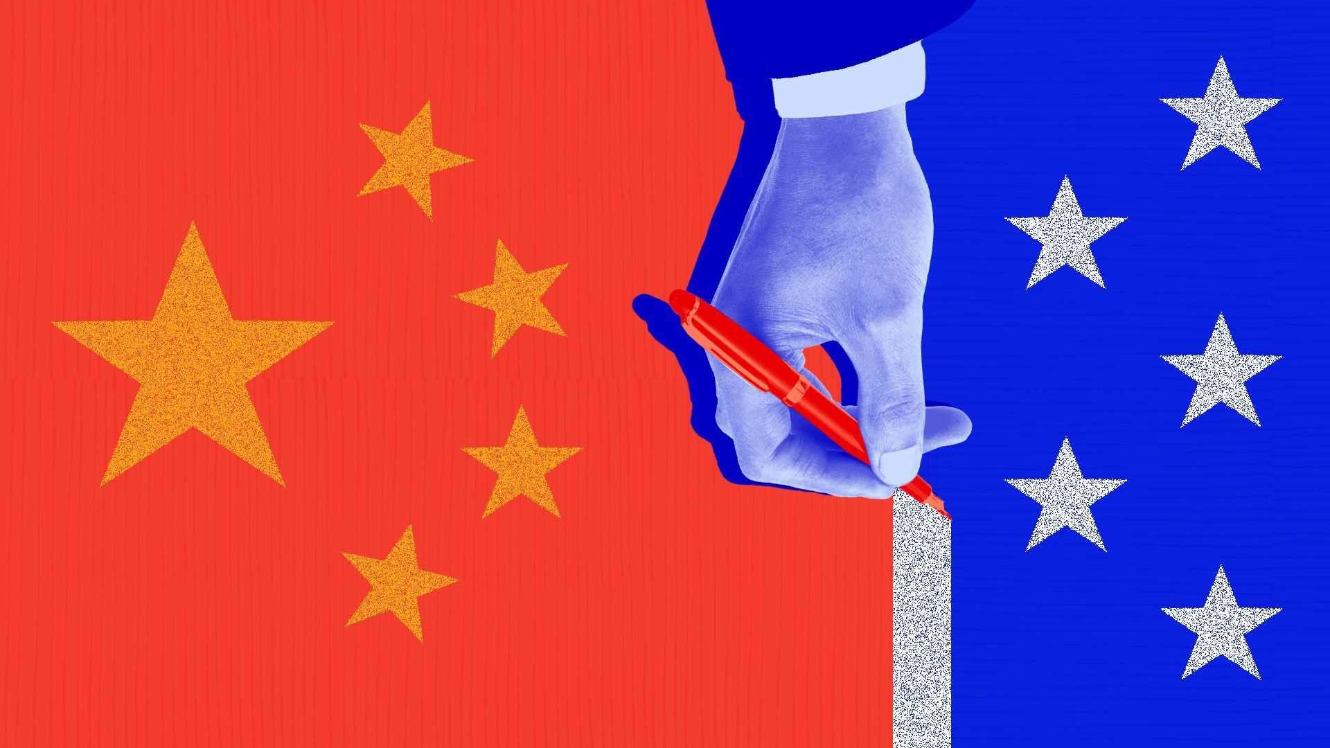 Illustration of a hand drawing a line between the Chinese and U.S. flags