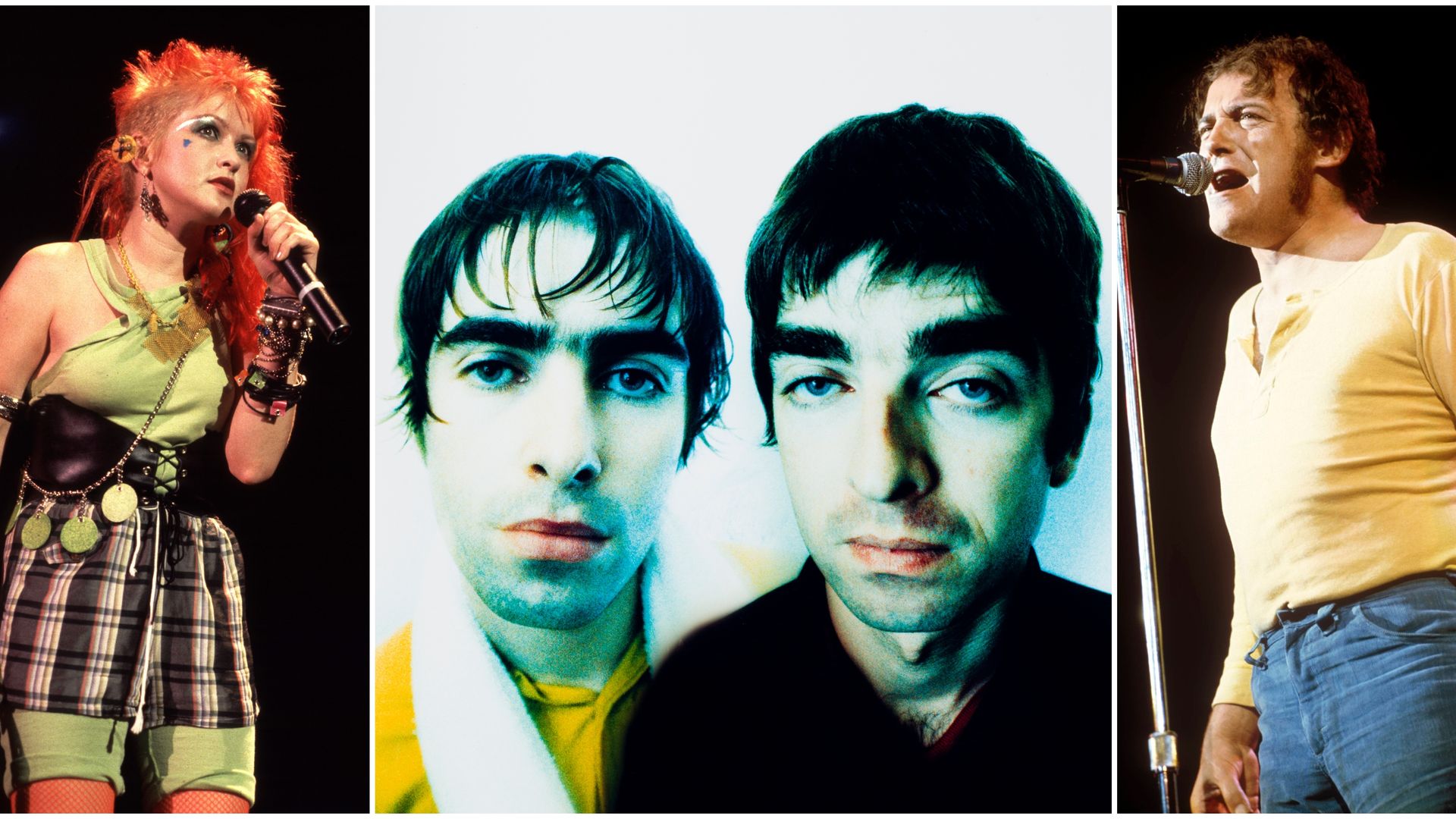 A collage showing Cyndi Lauper, the members of Oasis and singer Joe Cocker.