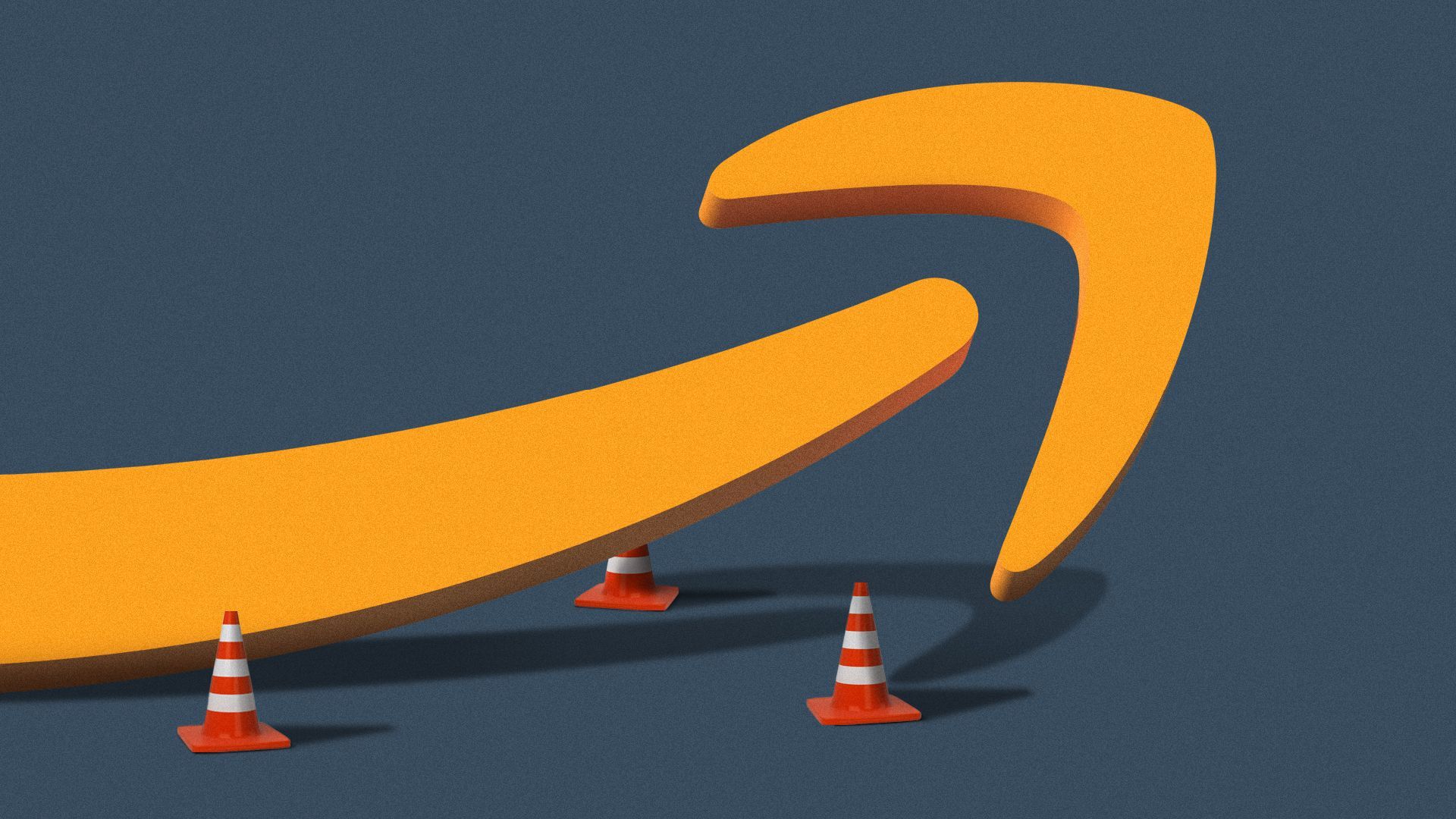 Illustration of a giant Amazon logo surrounded by orange cones.