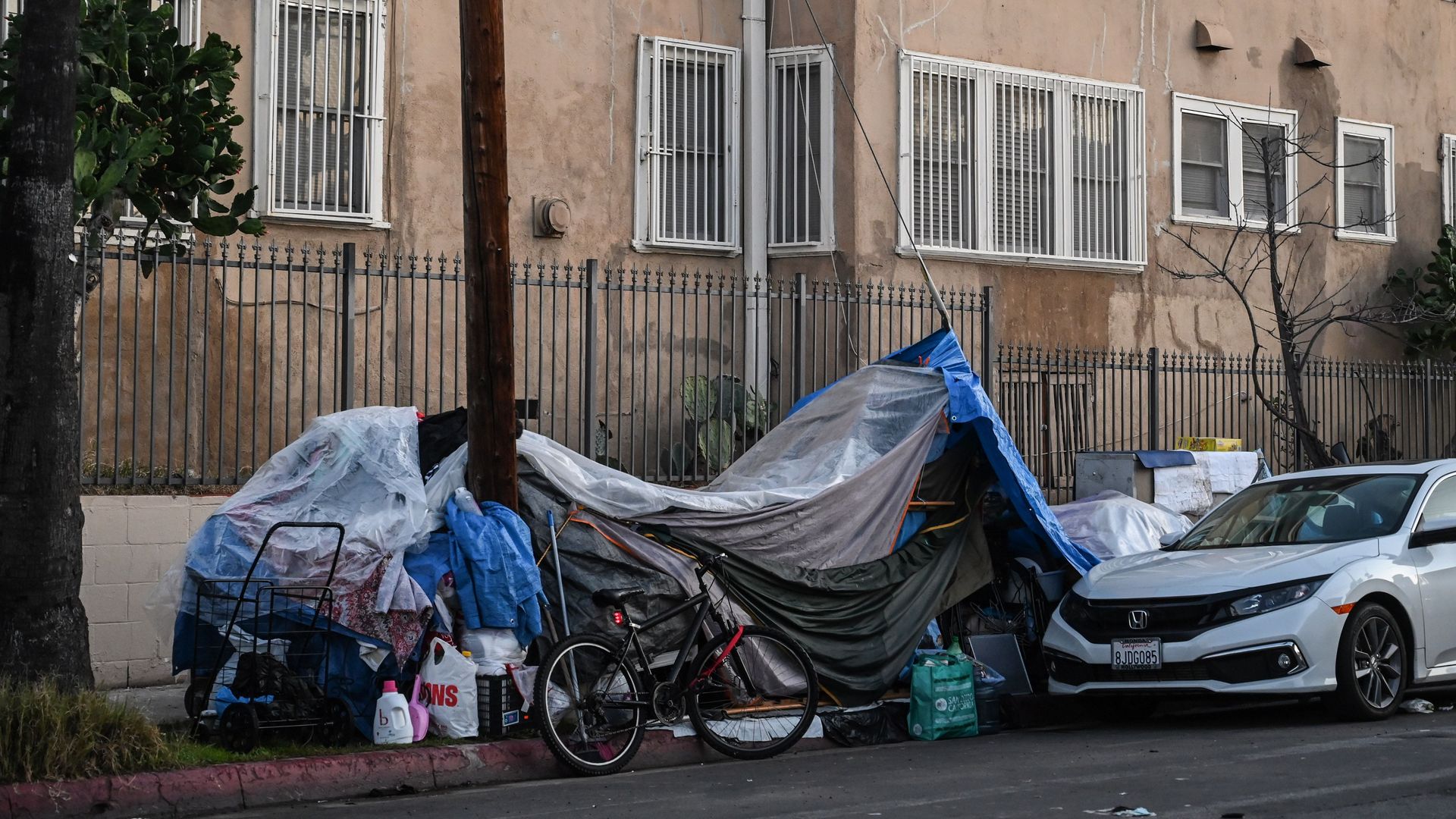 Tents sheltering homeless people line a residential street in Los Angeles, California, December 9, 201