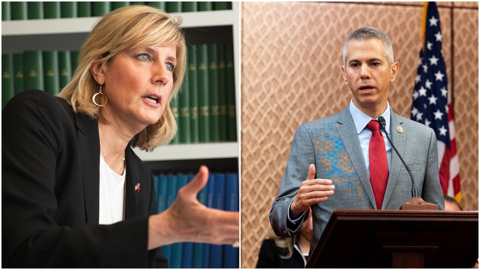 Photo of Claudia Tenney speaking on the left and Anthony Brindisi speaking on the right